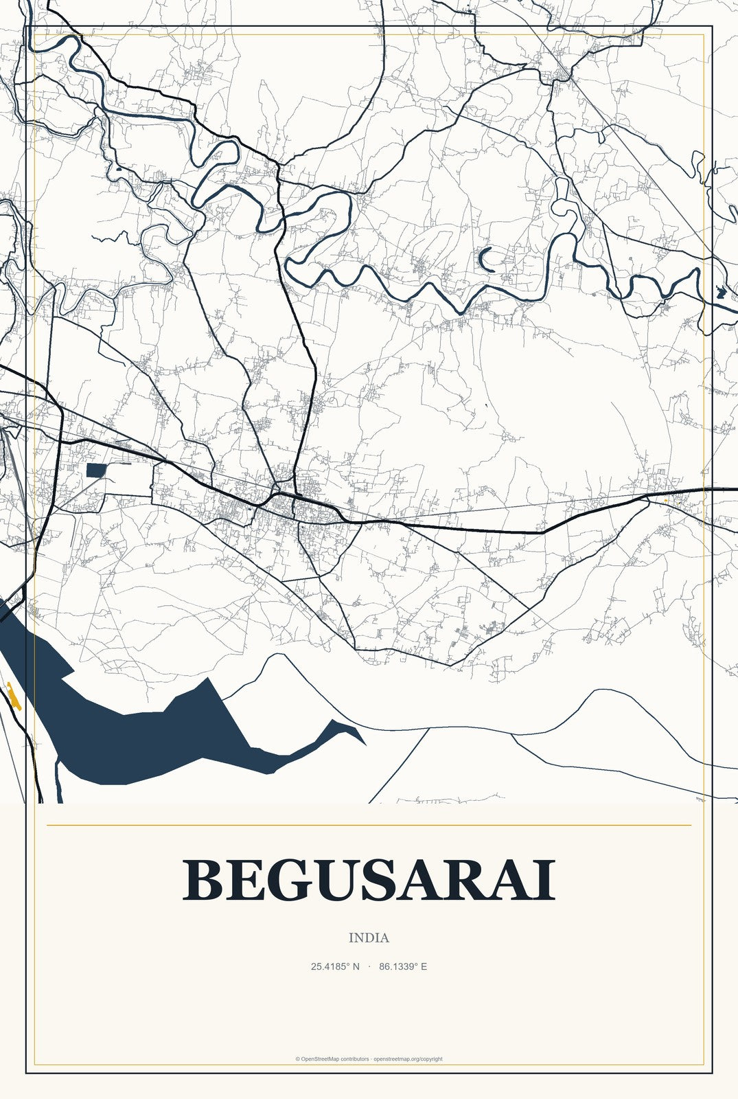 Begusarai, India City Map Aluminum Sign in Citrine Modern style