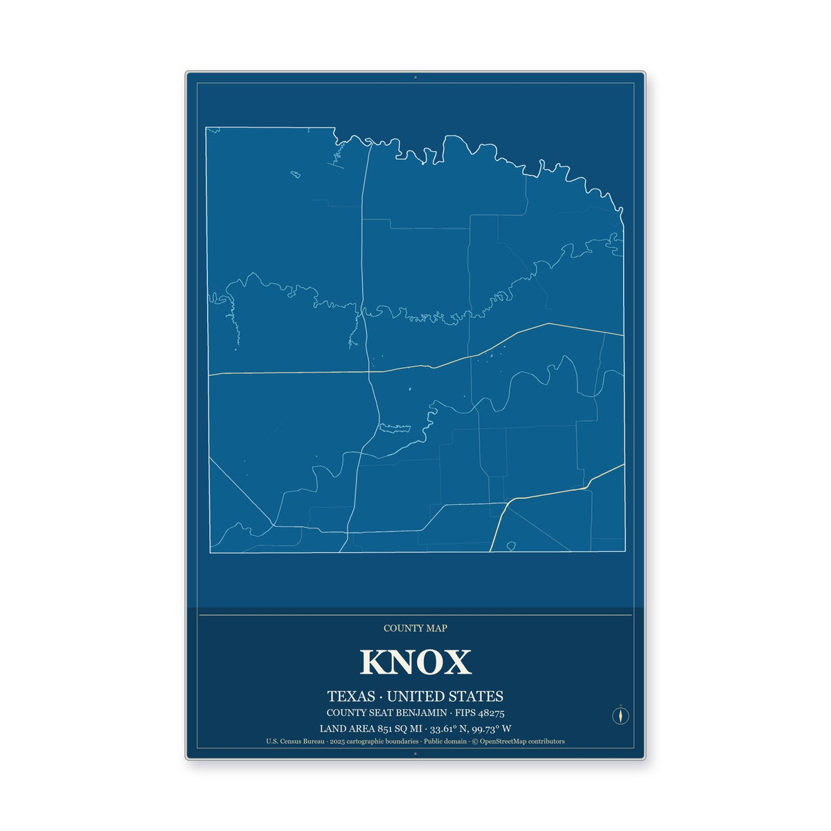 Knox County, Texas Map Aluminum Sign in Harbor Cobalt style