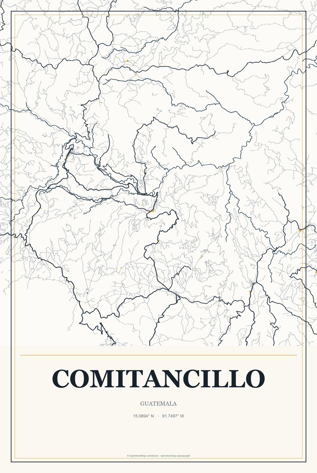 Comitancillo, Guatemala City Map Aluminum Sign in Citrine Modern style