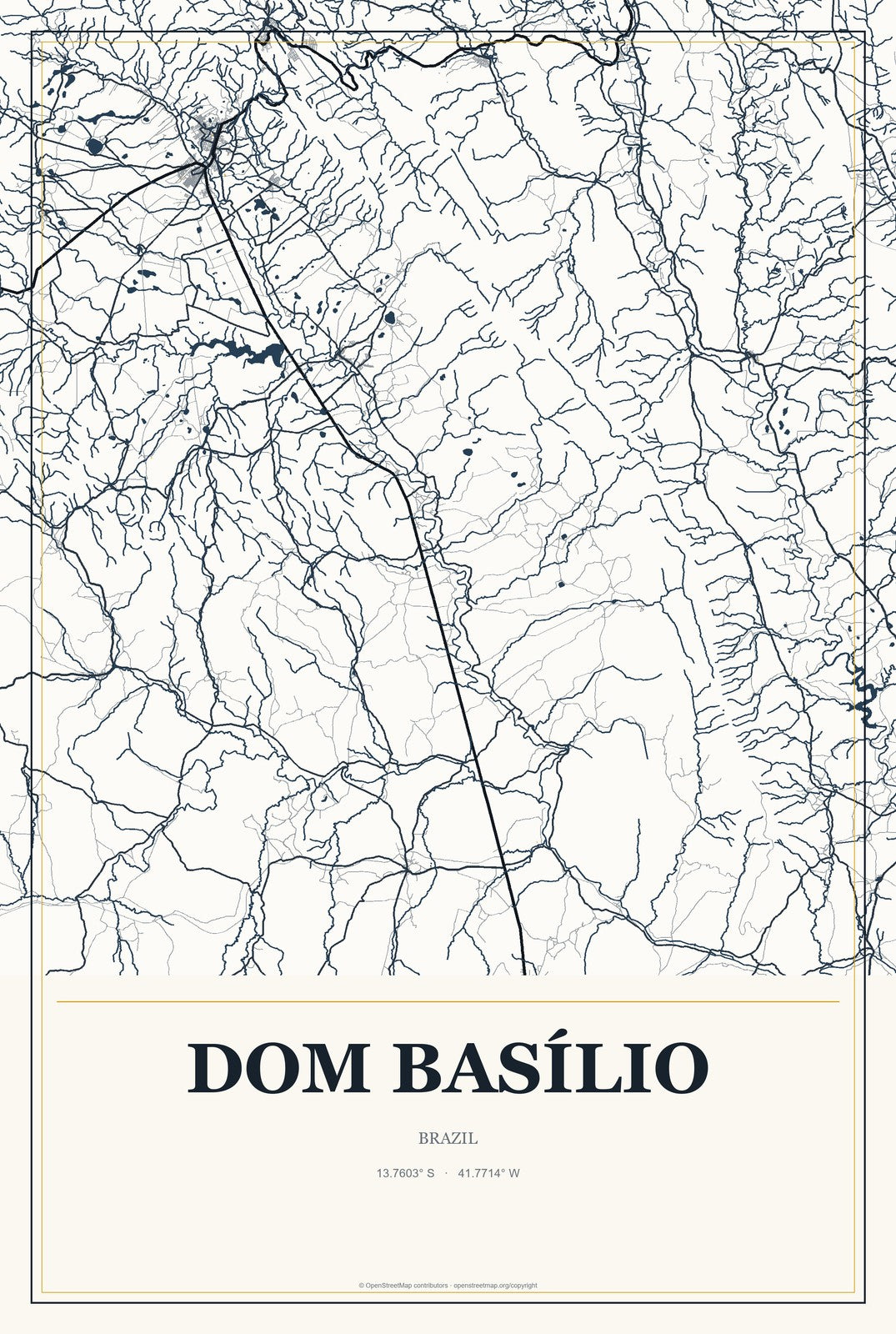 Dom Basílio, Brazil City Map Aluminum Sign in Citrine Modern style