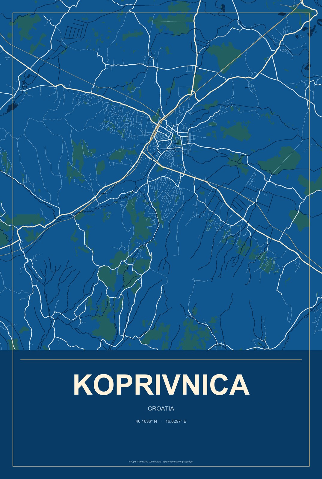 Koprivnica, Croatia City Map Aluminum Sign in Harbor Cobalt style