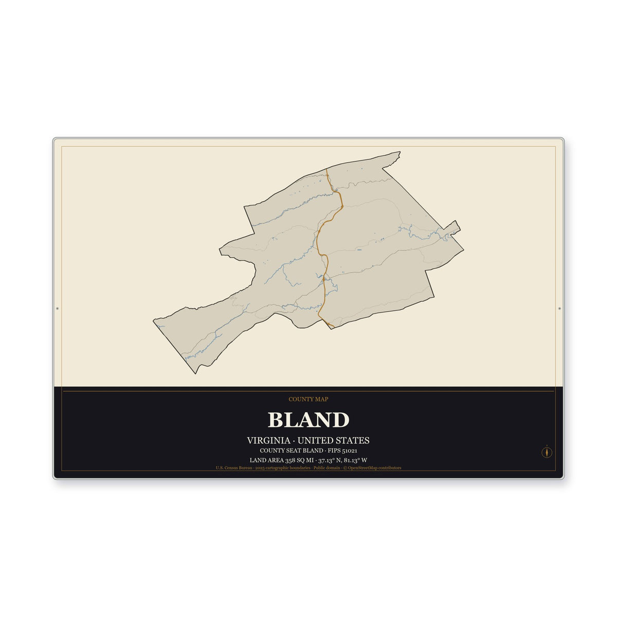 Bland County, Virginia Map Aluminum Sign in Museum Plaque style