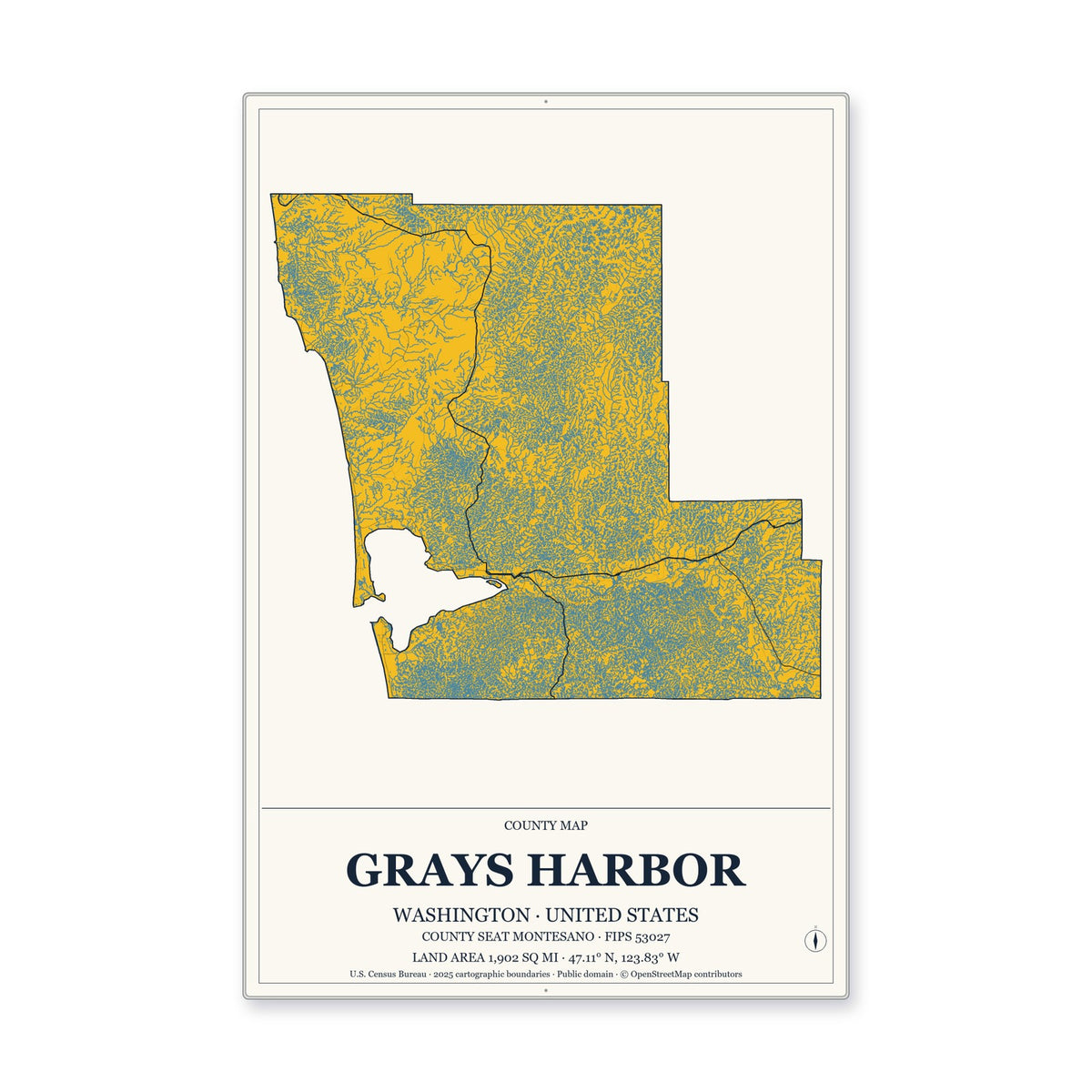 Grays Harbor County, Washington Map Aluminum Sign in Citrine Modern style