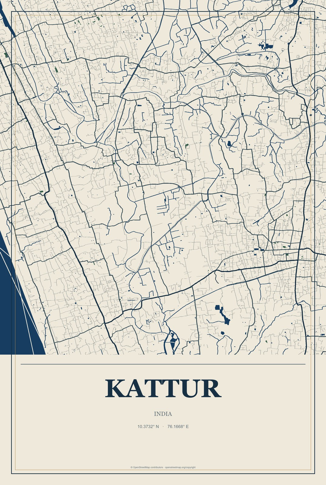 Kattur, India City Map Aluminum Sign in Coastal Cutout style