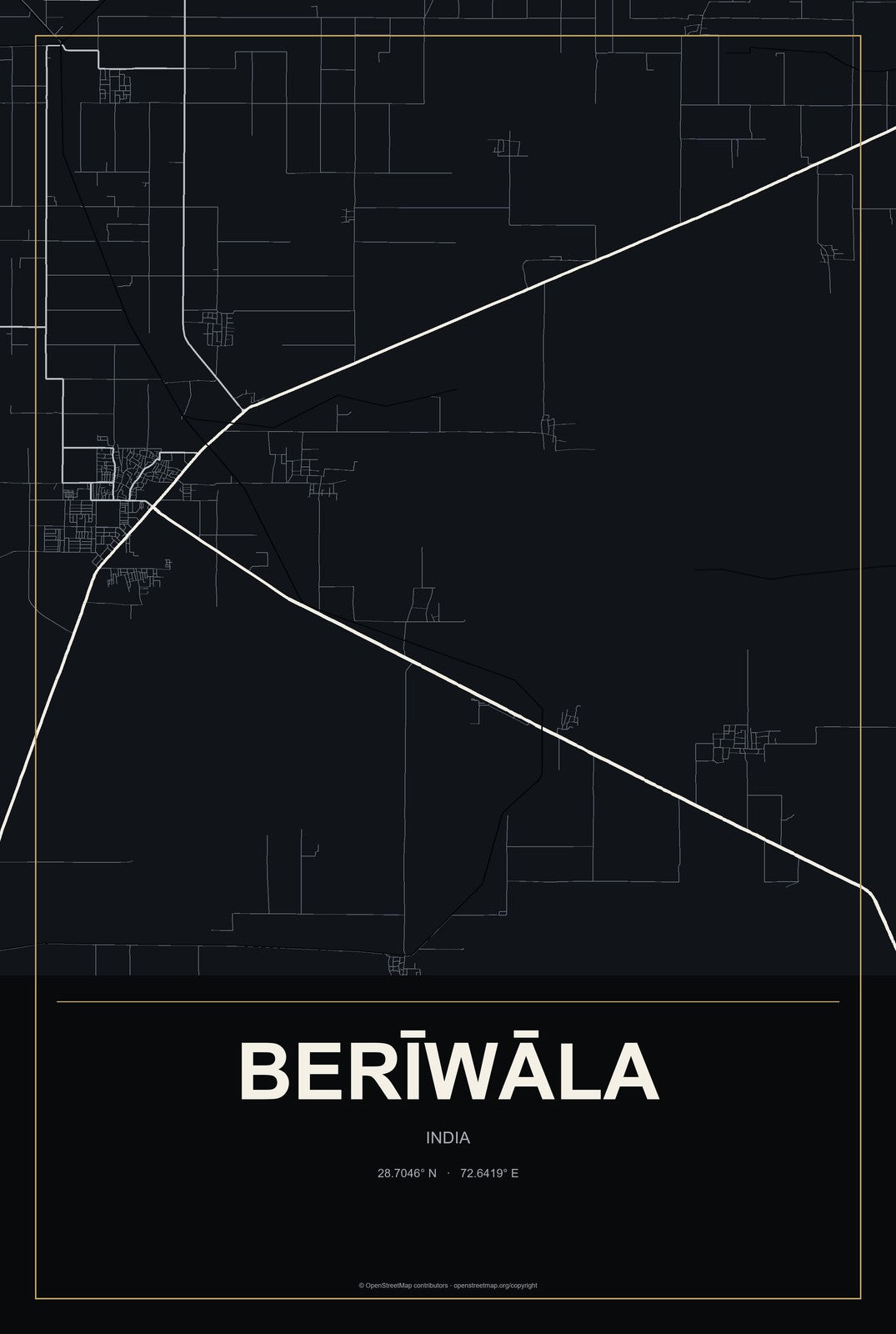 Berīwāla, India City Map Aluminum Sign in Metropolitan Noir style