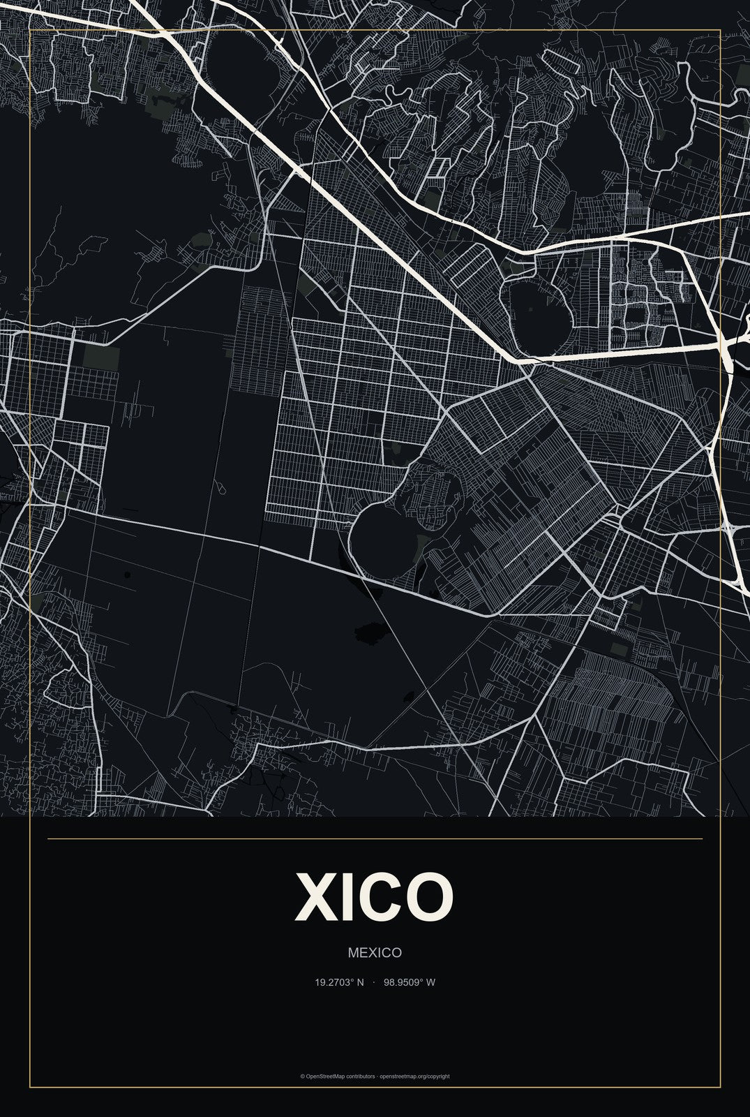 Xico, México, Mexico City Map Aluminum Sign in Metropolitan Noir style