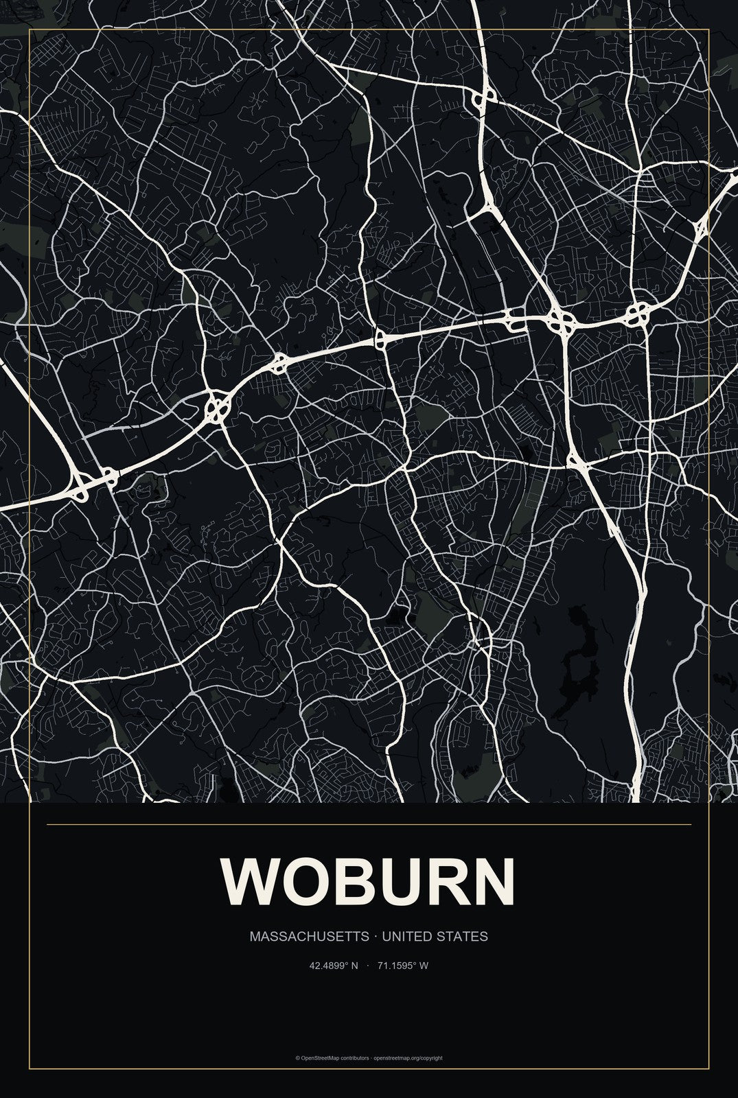 Woburn, Massachusetts City Map Aluminum Sign in Metropolitan Noir style