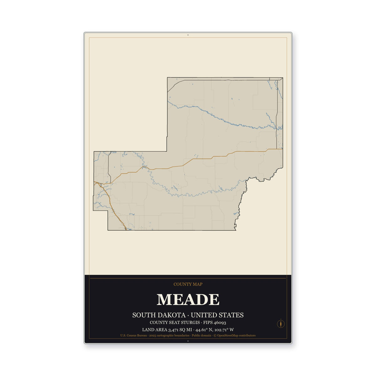 Meade County, South Dakota Map Aluminum Sign in Museum Plaque style