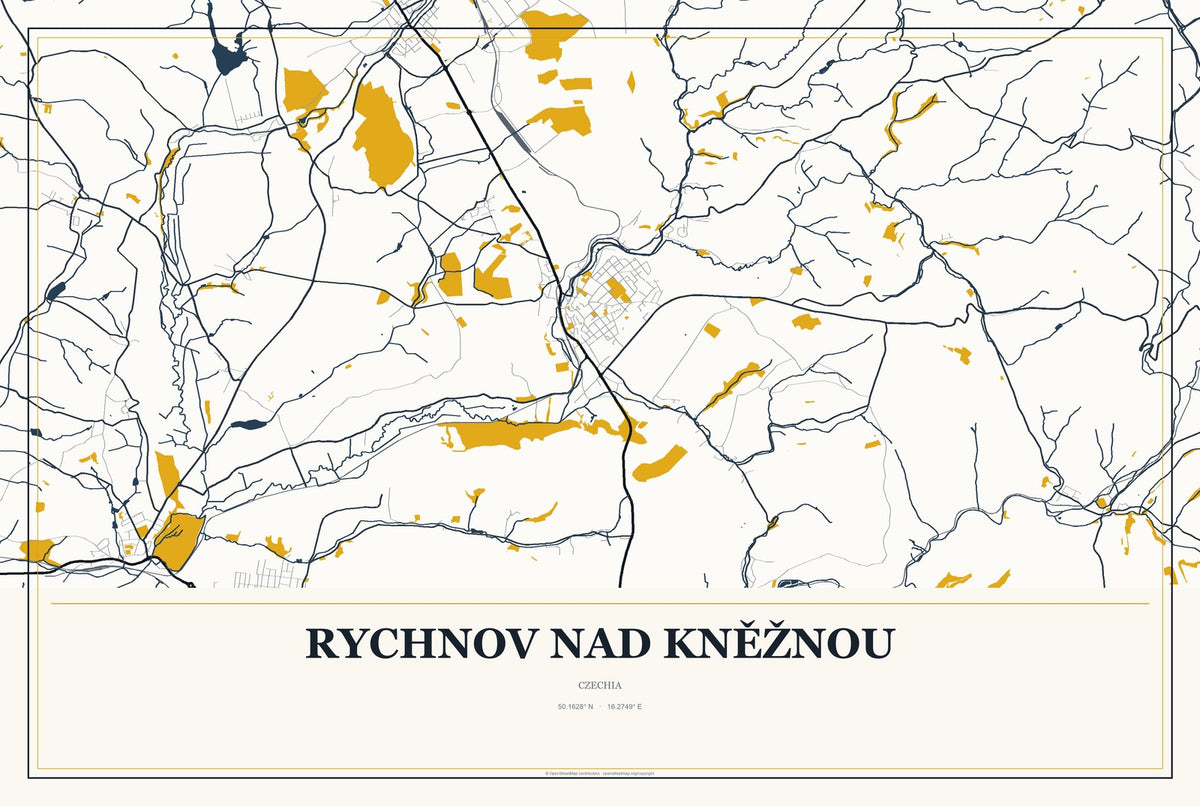 Rychnov nad Kněžnou, Czechia City Map Aluminum Sign in Citrine Modern style