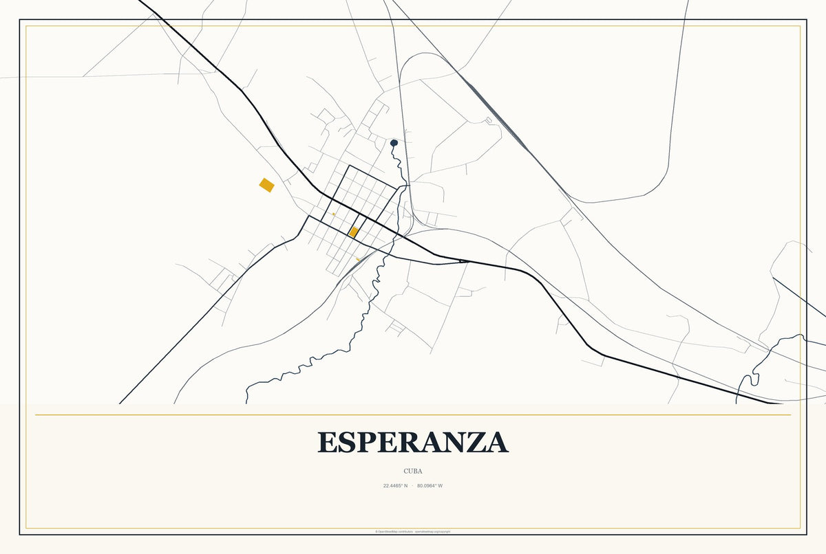 Esperanza, Cuba City Map Aluminum Sign in Citrine Modern style