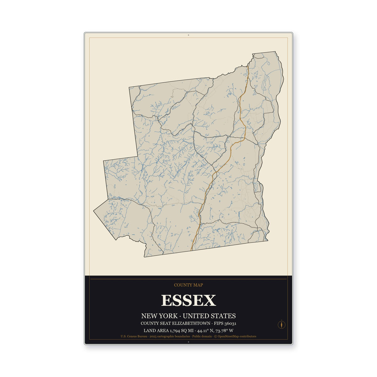 Essex County, New York Map Aluminum Sign in Museum Plaque style
