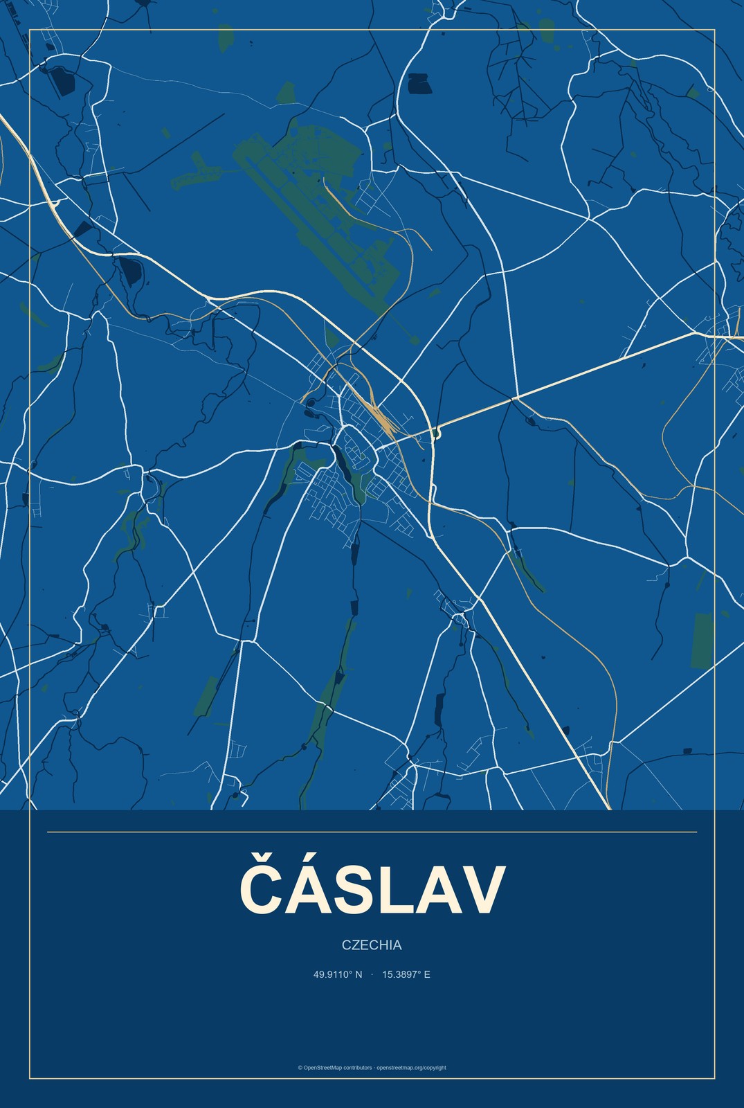 Čáslav, Czechia City Map Aluminum Sign in Harbor Cobalt style
