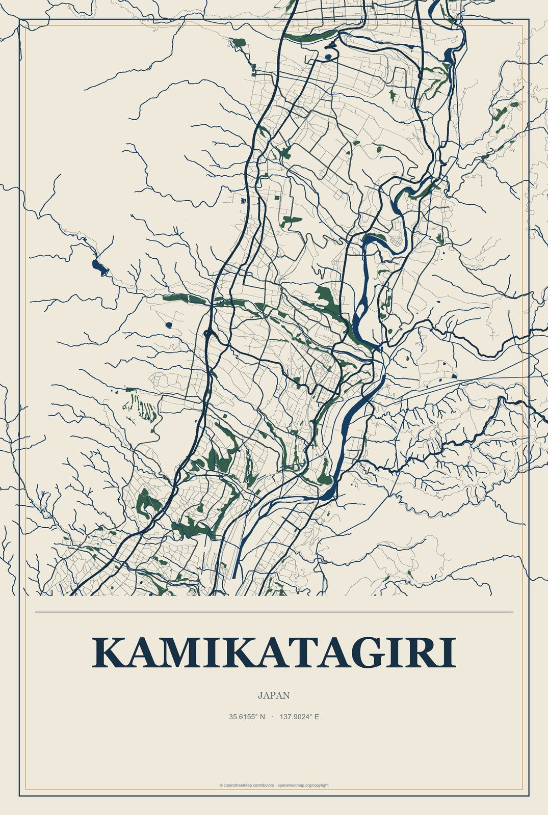 Kamikatagiri, Japan City Map Aluminum Sign in Coastal Cutout style