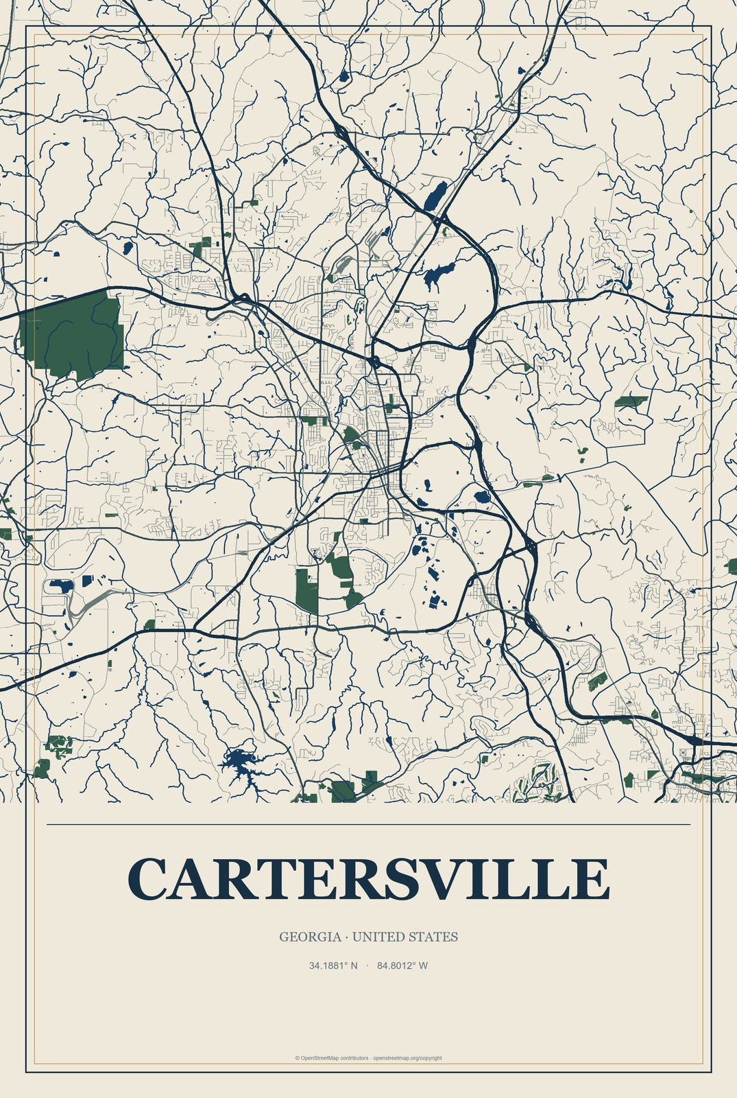 Cartersville, Georgia City Map Aluminum Sign in Coastal Cutout style