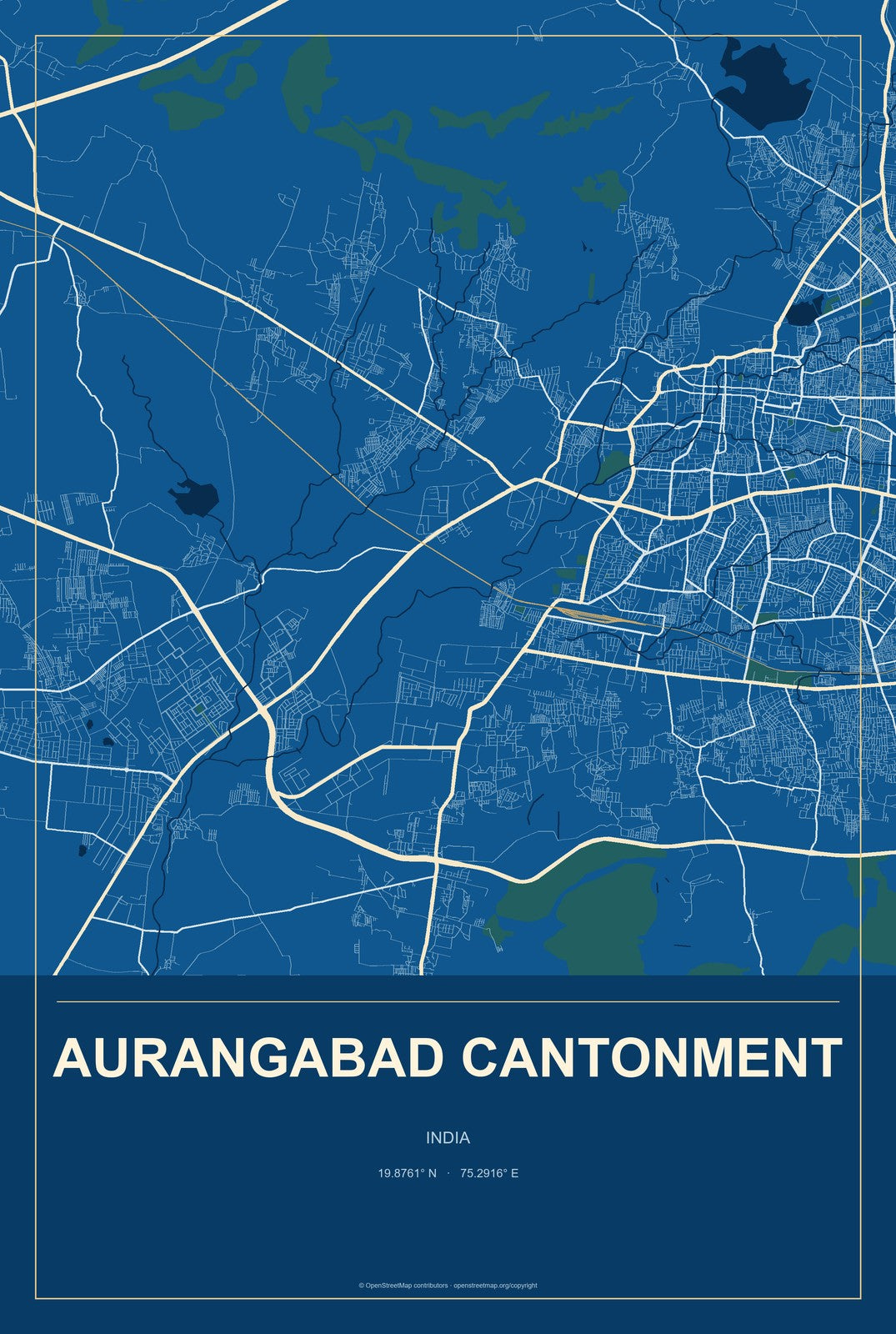 Aurangabad Cantonment, India City Map Aluminum Sign in Harbor Cobalt style