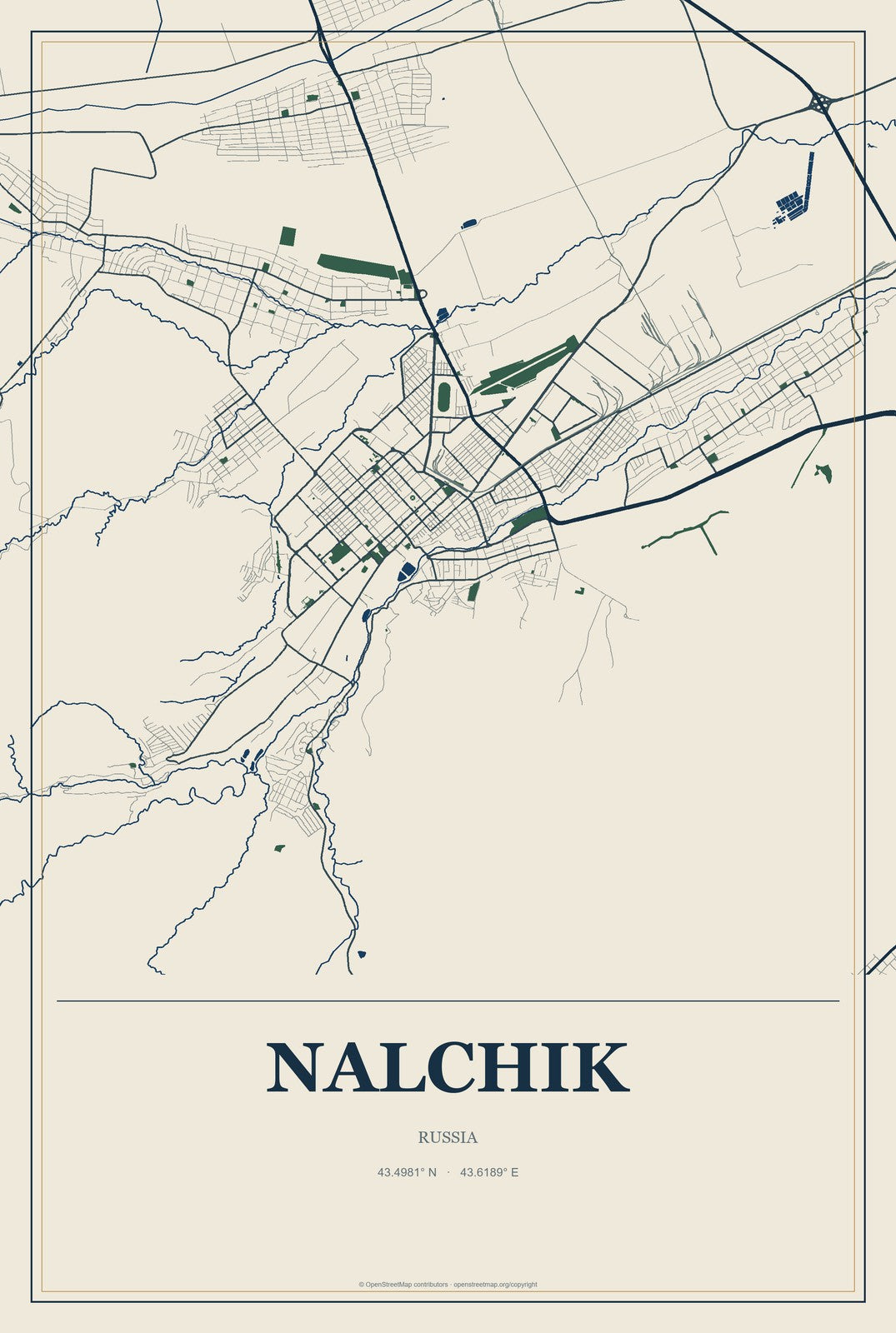 Nalchik, Russia City Map Aluminum Sign in Coastal Cutout style