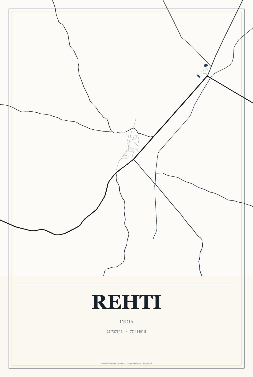 Rehti, India City Map Aluminum Sign in Citrine Modern style