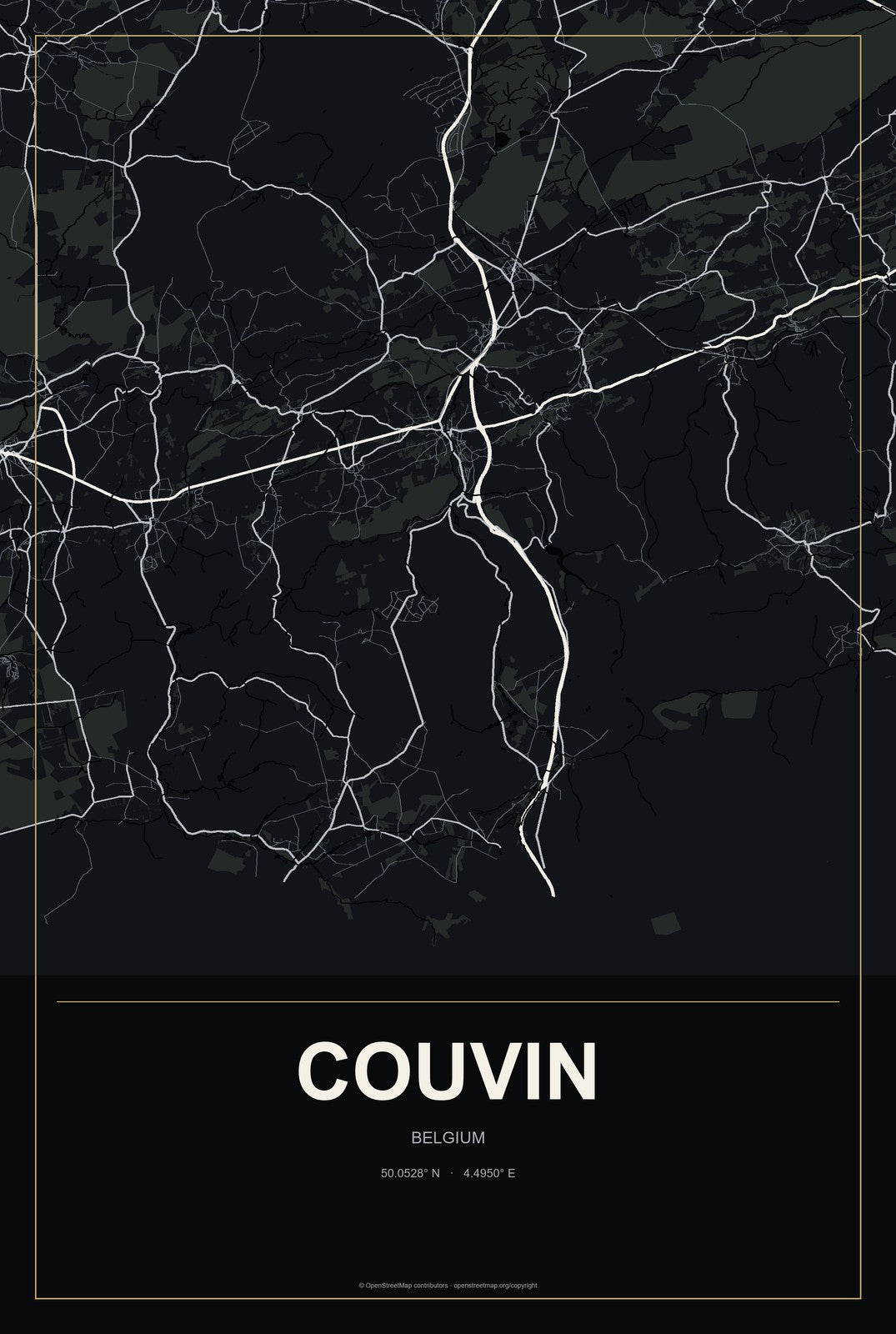 Couvin, Belgium City Map Aluminum Sign in Metropolitan Noir style