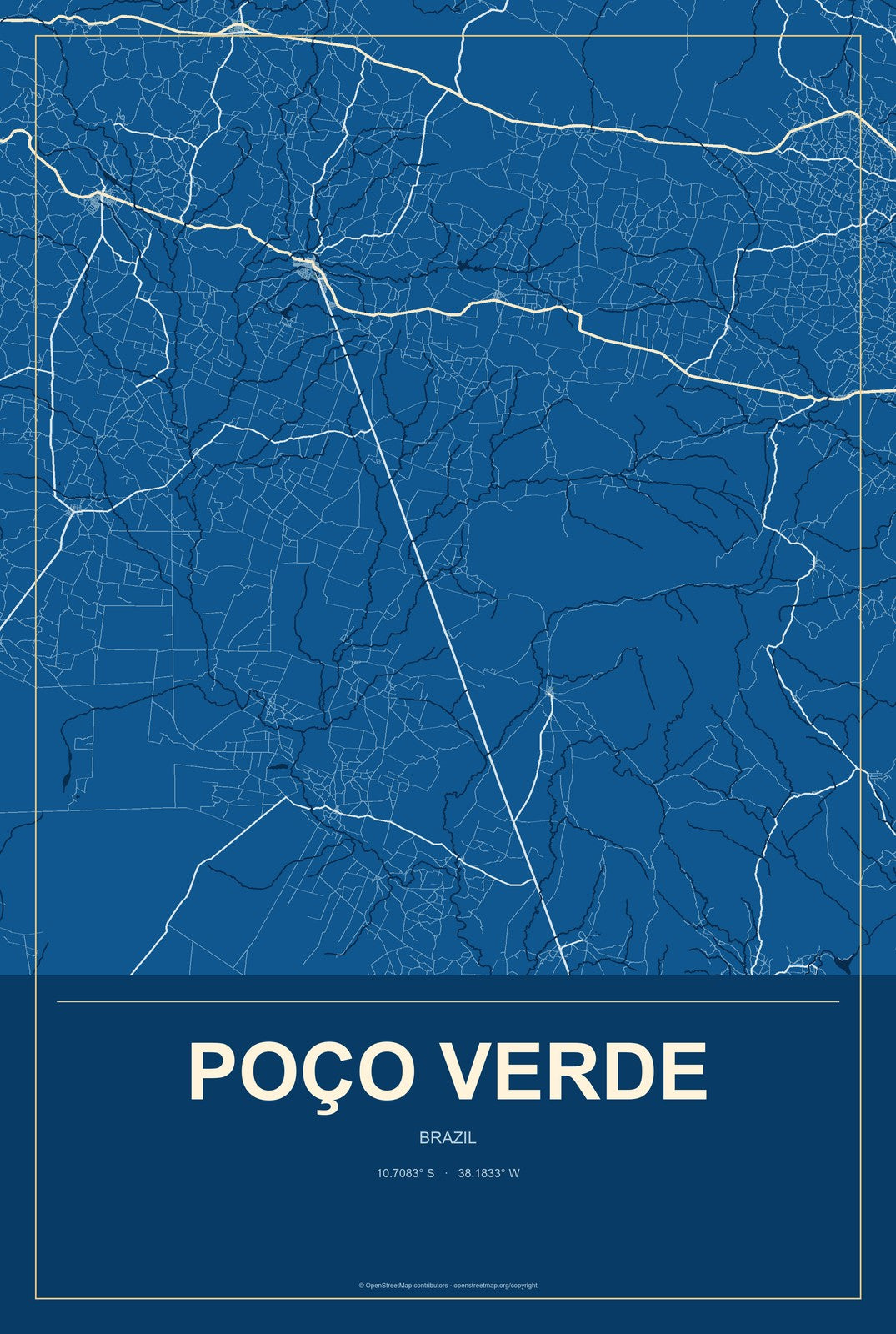 Poço Verde, Brazil City Map Aluminum Sign in Harbor Cobalt style
