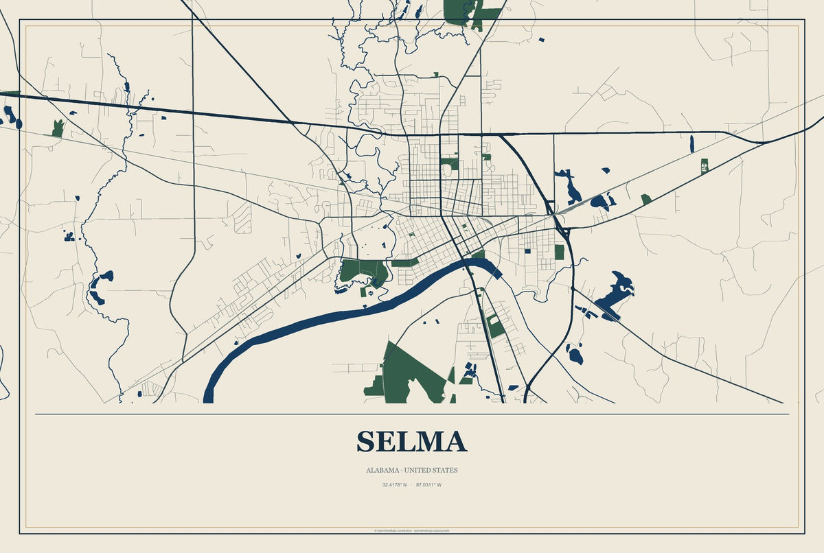 Selma, Alabama City Map Aluminum Sign in Coastal Cutout style