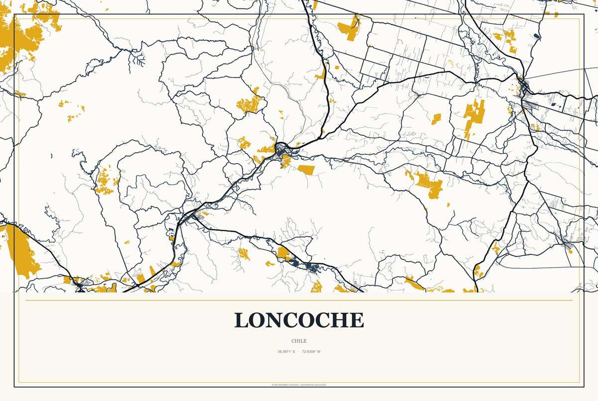 Loncoche, Chile City Map Aluminum Sign in Citrine Modern style