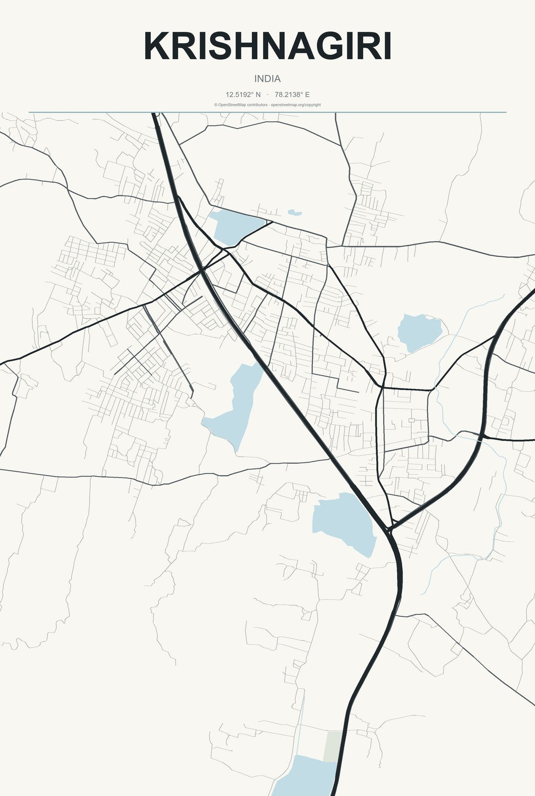 Krishnagiri, India City Map Aluminum Sign in Headline Atlas style