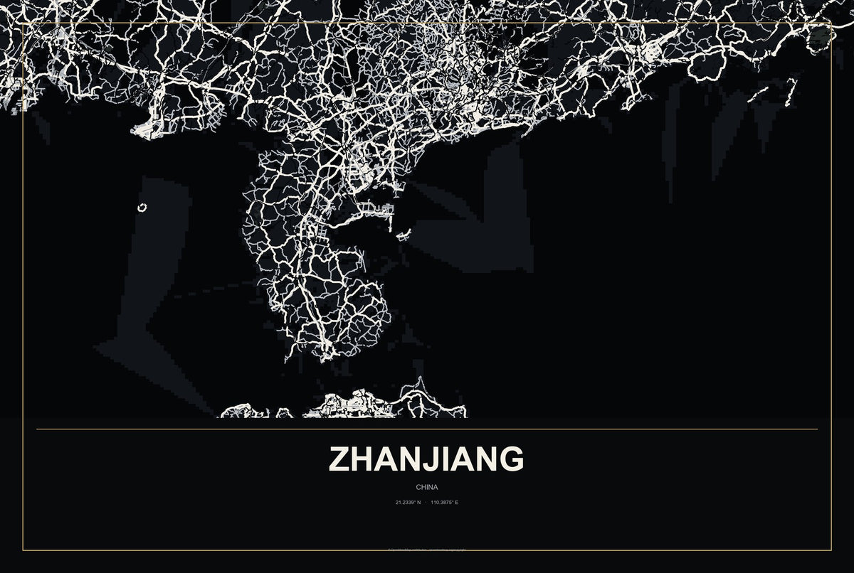 Zhanjiang, China City Map Aluminum Sign in Metropolitan Noir style