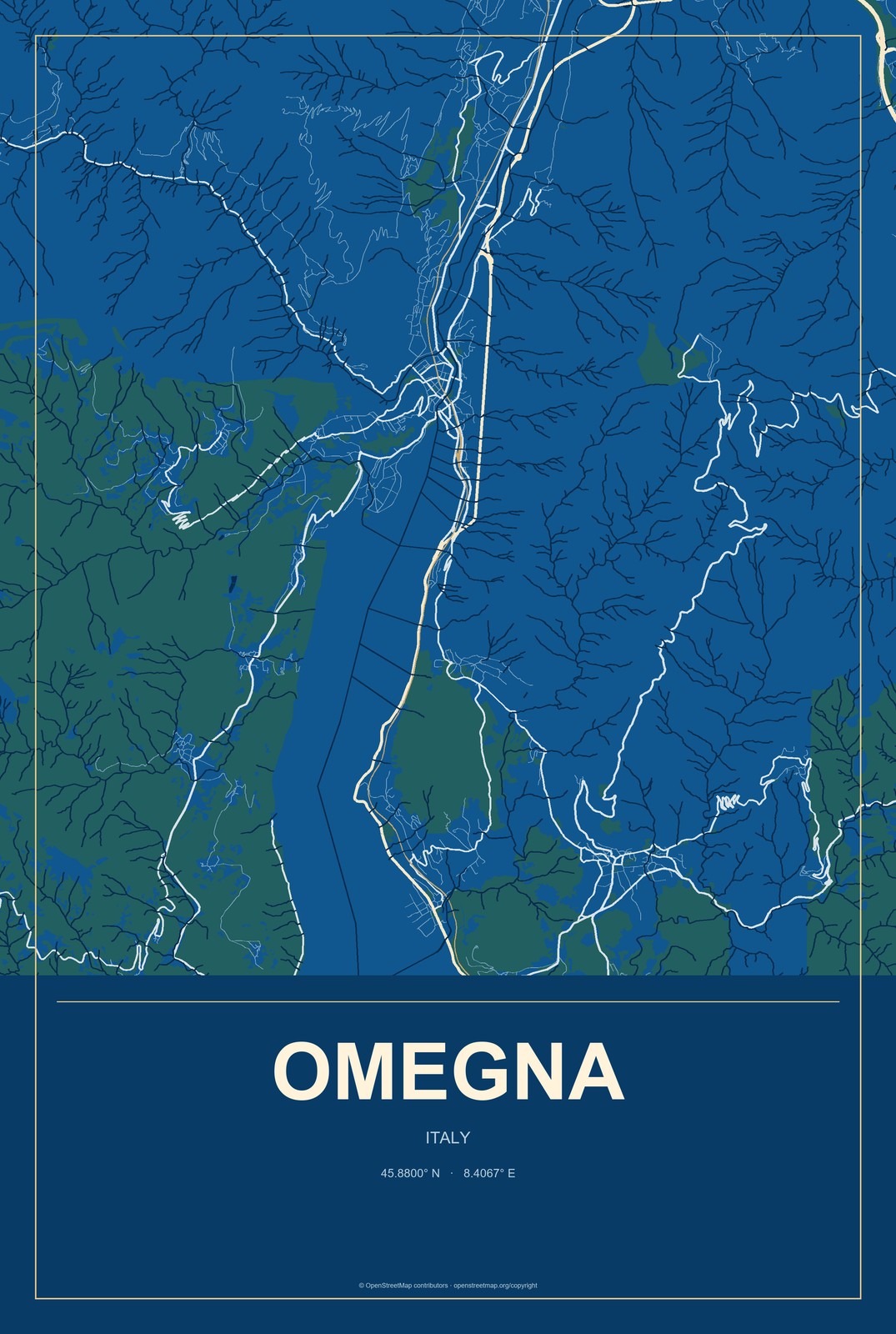 Omegna, Italy City Map Aluminum Sign in Harbor Cobalt style
