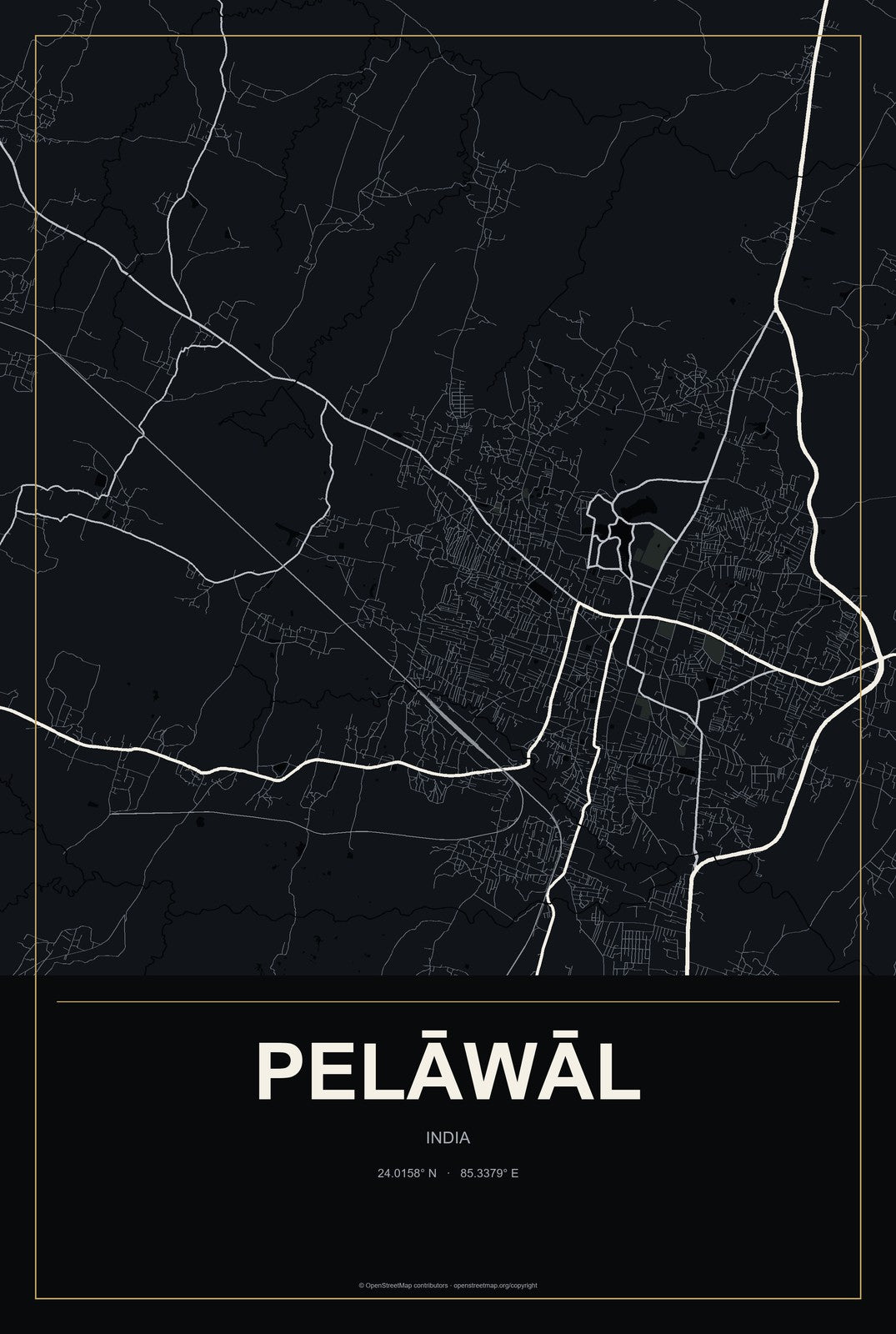 Pelāwāl, India City Map Aluminum Sign in Metropolitan Noir style