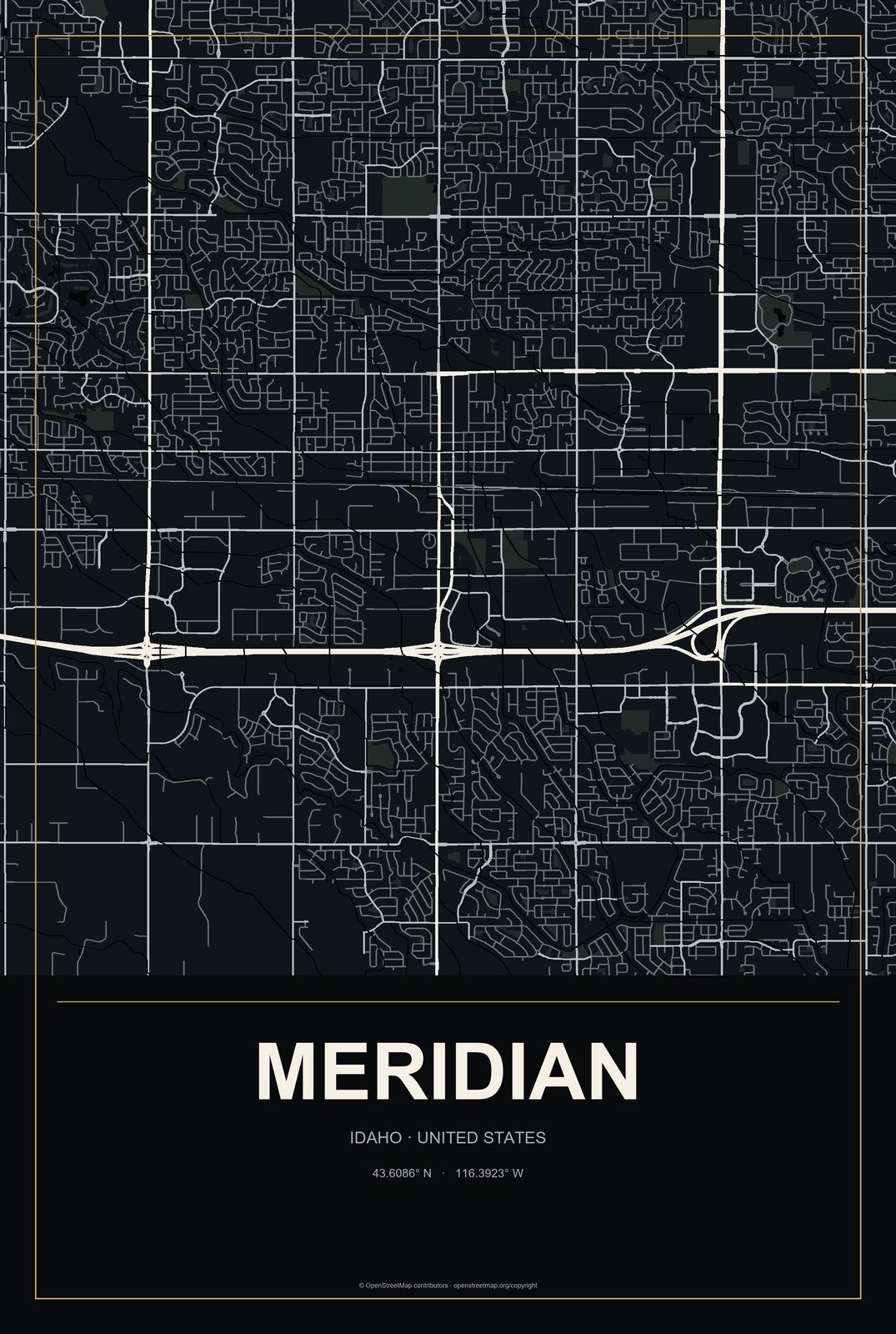 Meridian, Idaho City Map Aluminum Sign in Metropolitan Noir style