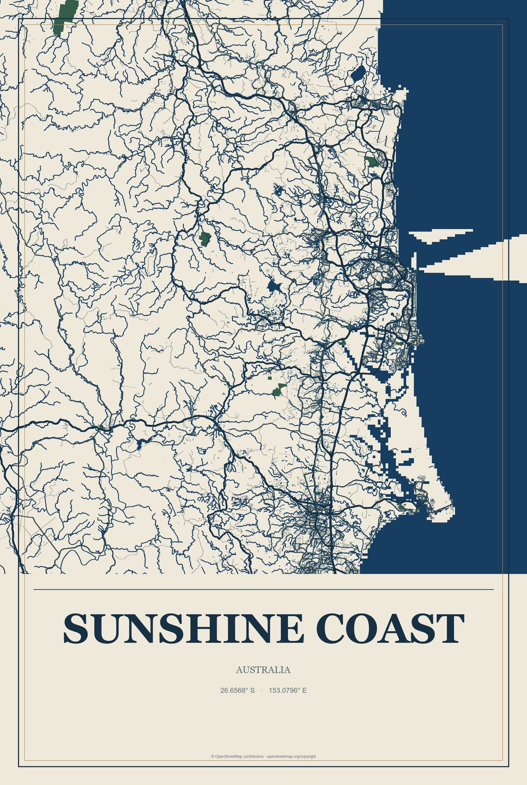 Sunshine Coast, Australia City Map Aluminum Sign in Coastal Cutout style