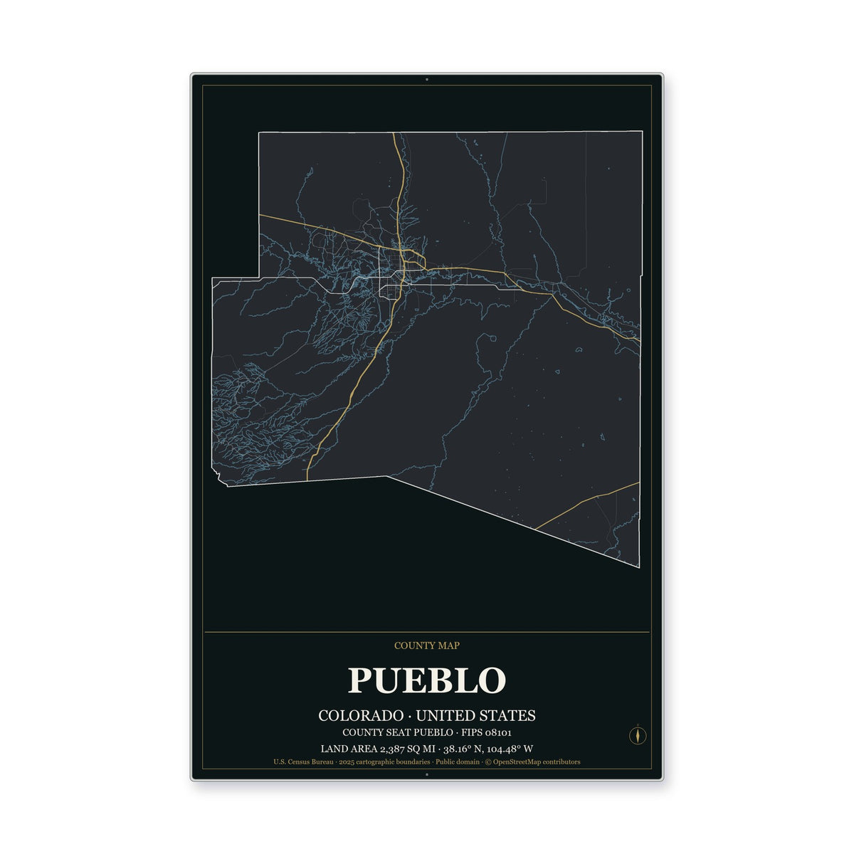 Pueblo County, Colorado Map Aluminum Sign in Metropolitan Noir style