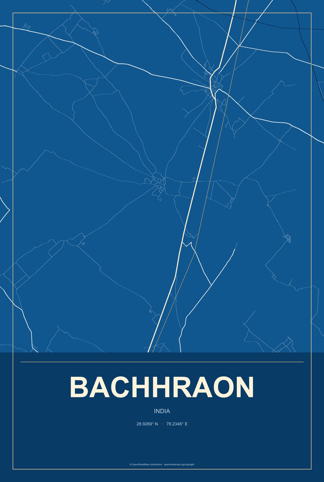 Bachhraon, India City Map Aluminum Sign in Harbor Cobalt style