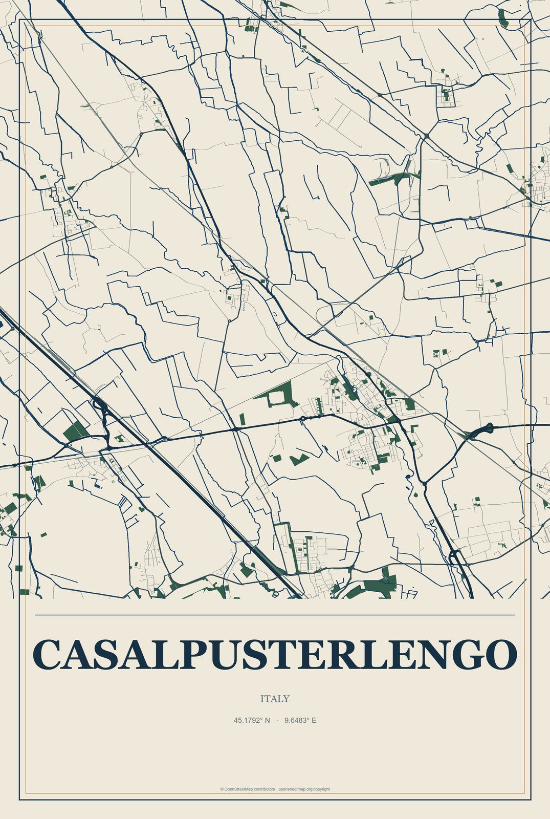Casalpusterlengo, Italy City Map Aluminum Sign in Coastal Cutout style