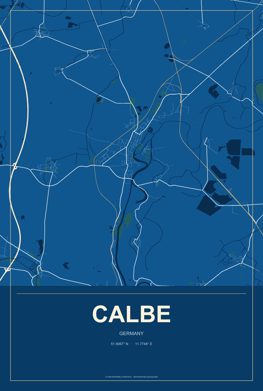 Calbe, Germany City Map Aluminum Sign in Harbor Cobalt style