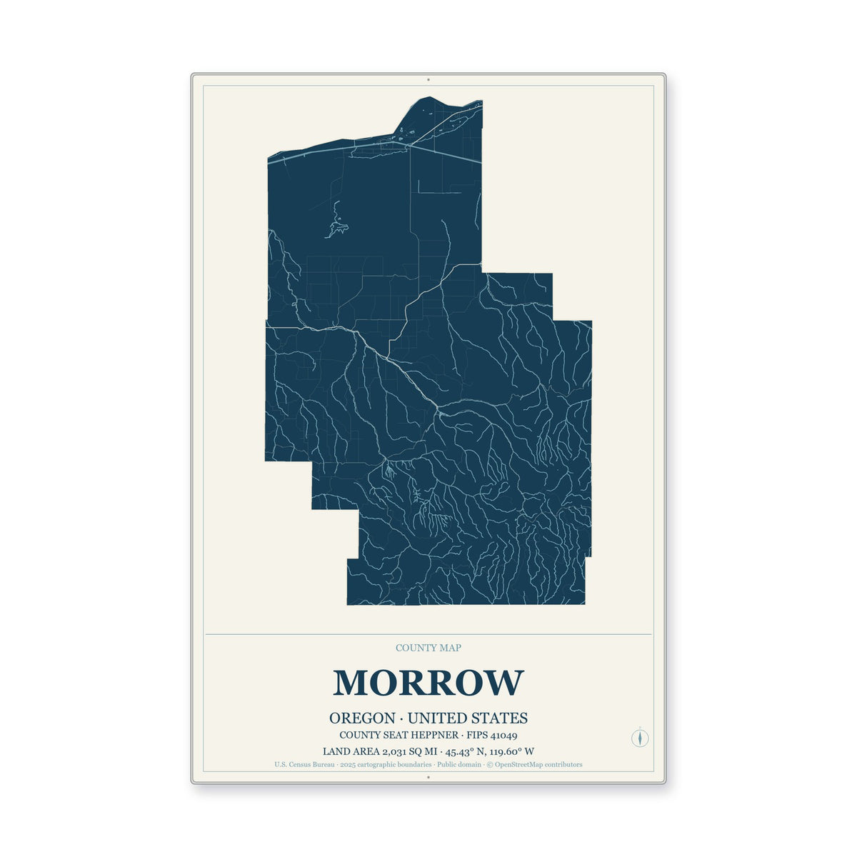 Morrow County, Oregon Map Aluminum Sign in Coastal Cutout style