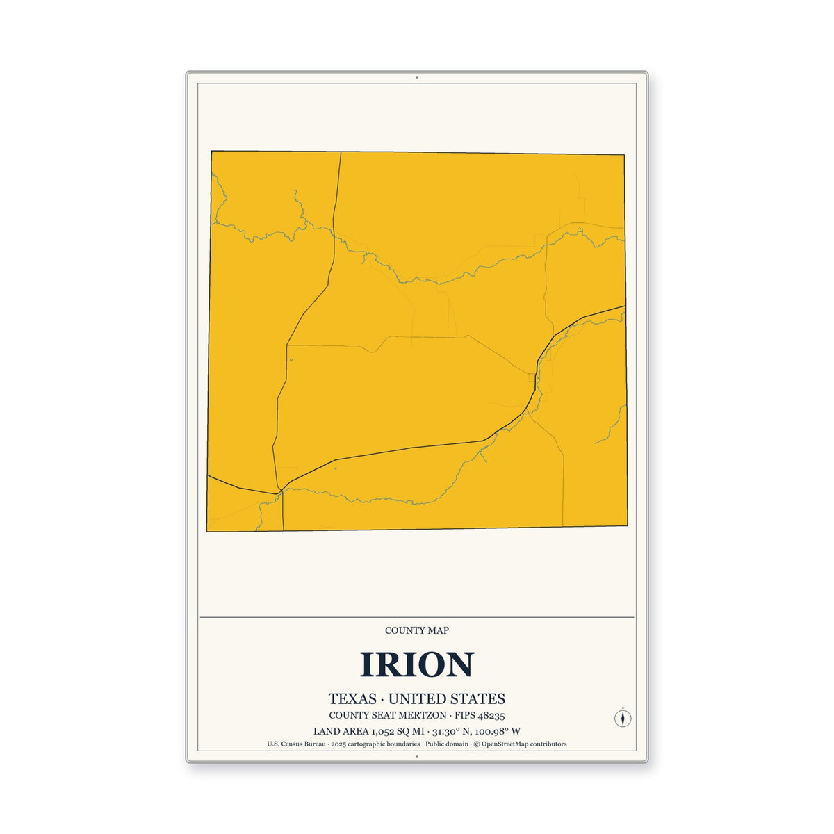 Irion County, Texas Map Aluminum Sign in Citrine Modern style