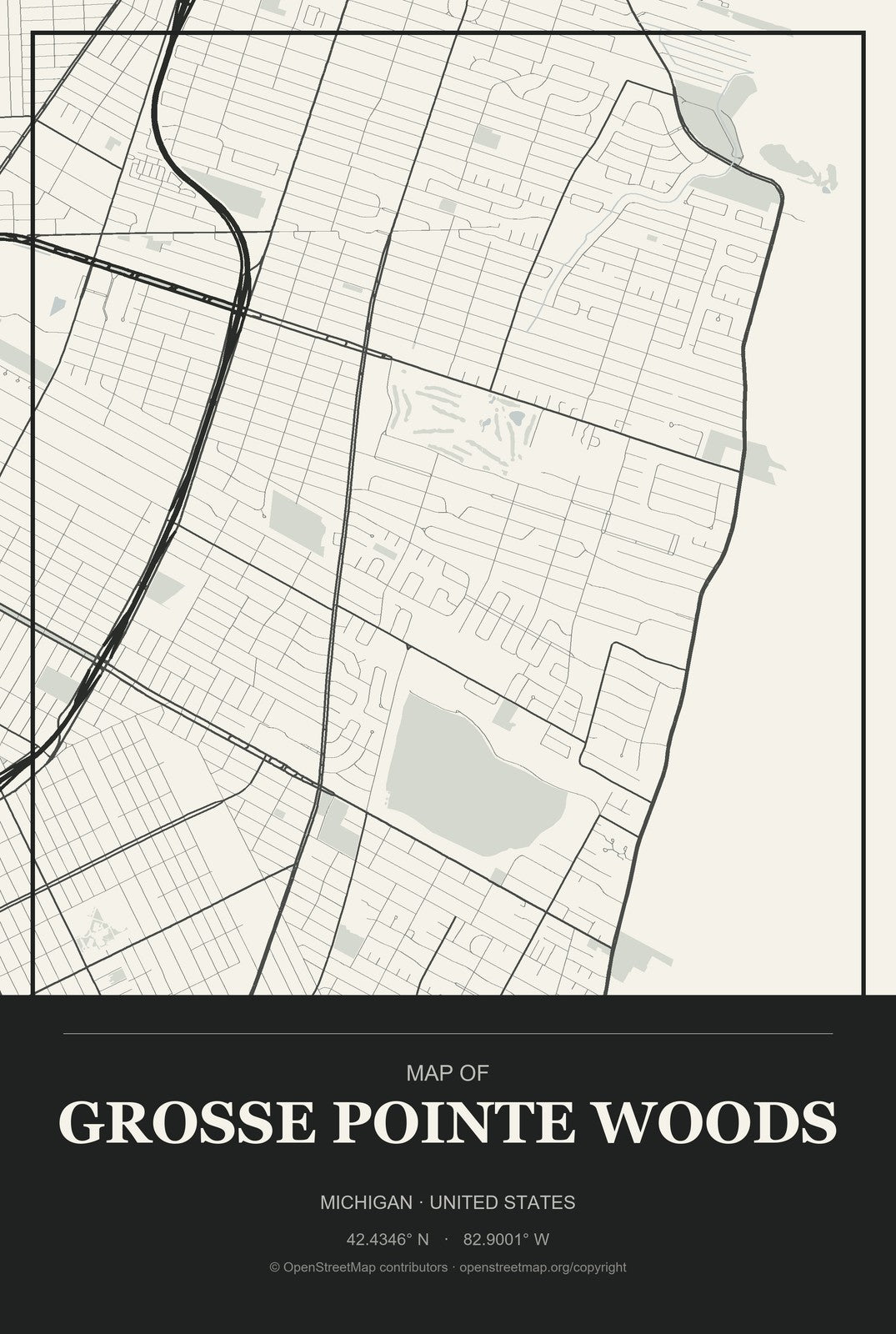 Grosse Pointe Woods, Michigan City Map Aluminum Sign in Museum Plaque style