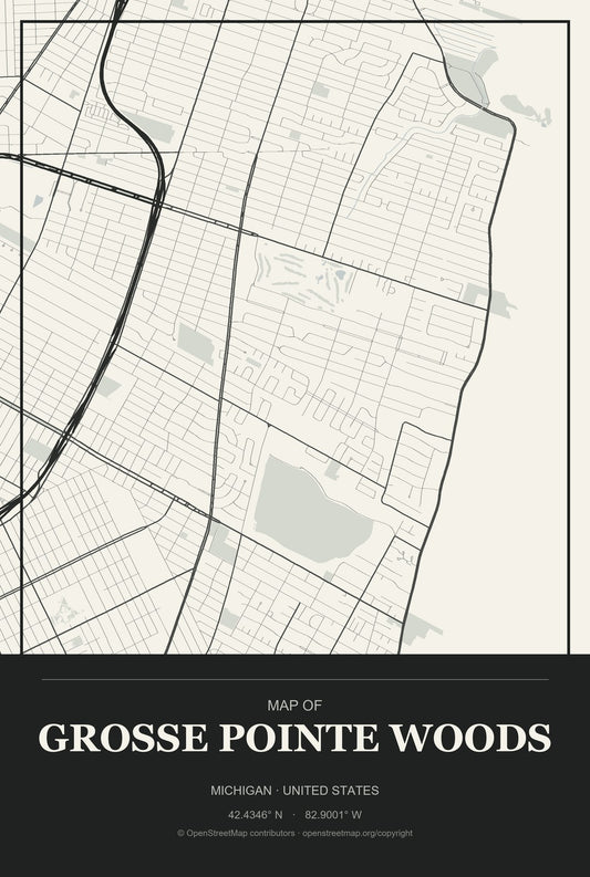 Grosse Pointe Woods, Michigan City Map Aluminum Sign in Museum Plaque style