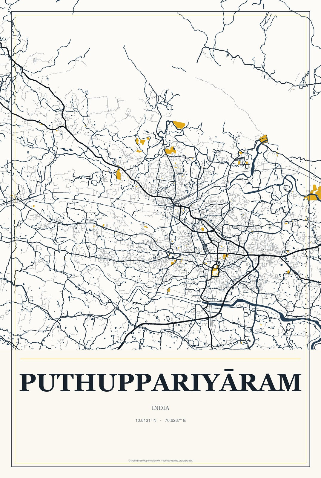 Puthuppariyāram, India City Map Aluminum Sign in Citrine Modern style