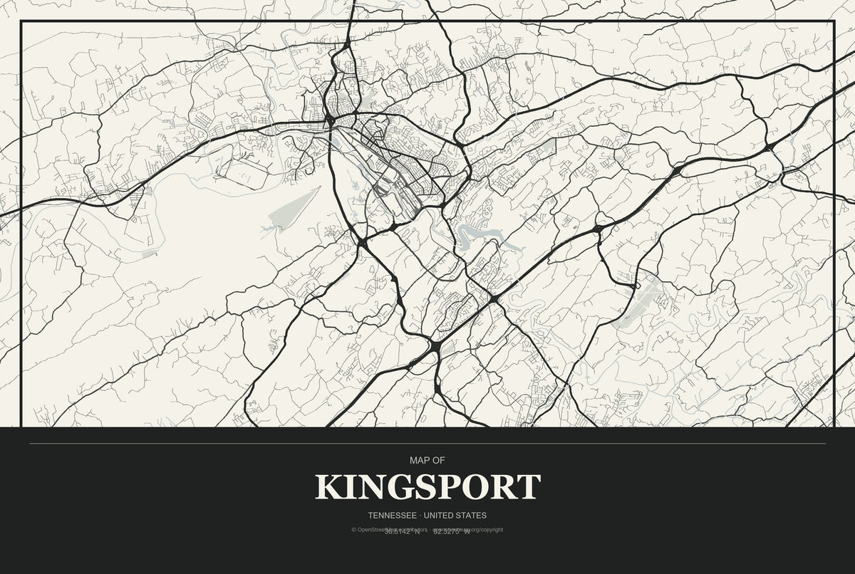 Kingsport, Tennessee City Map Aluminum Sign in Museum Plaque style