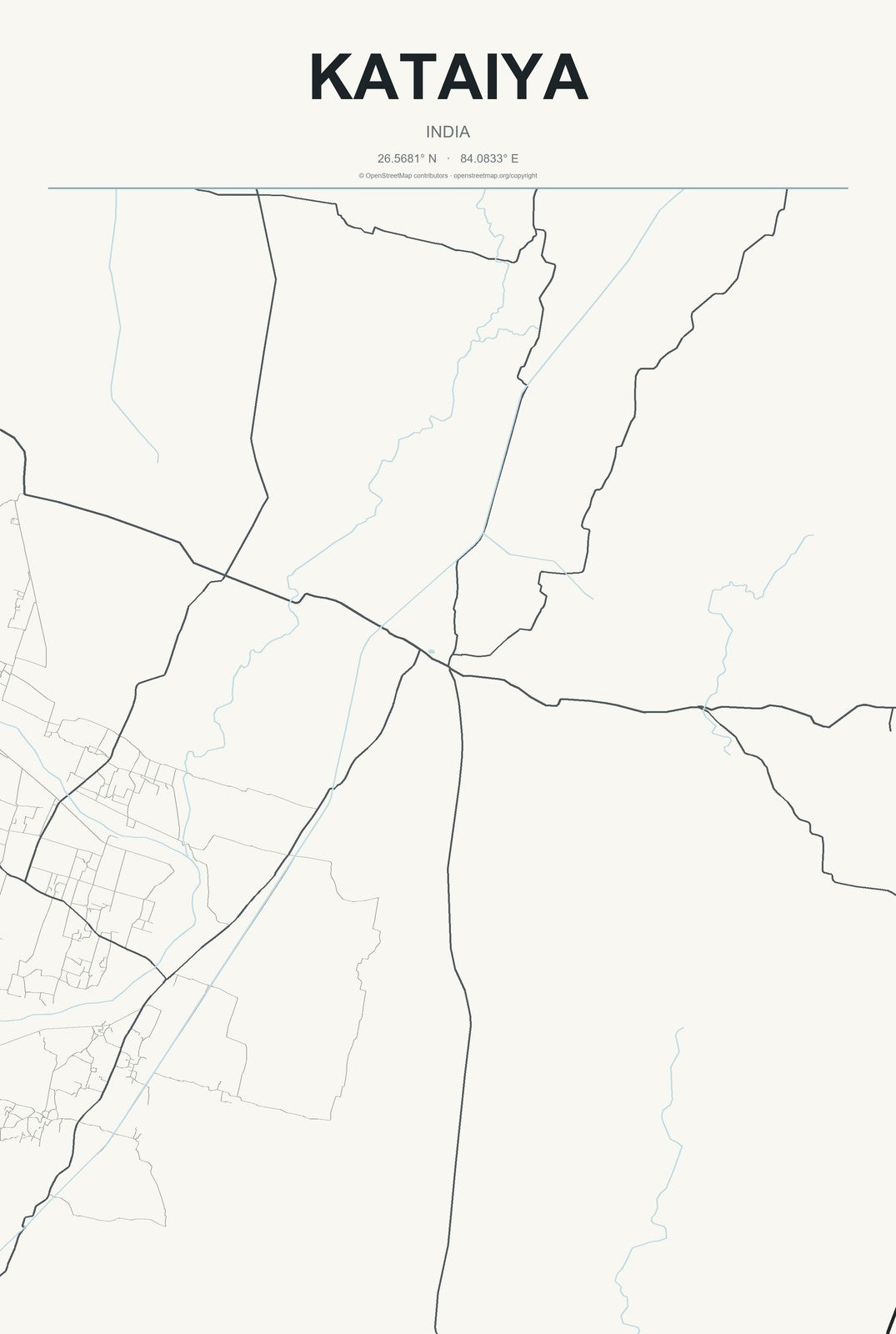Kataiya, India City Map Aluminum Sign in Headline Atlas style