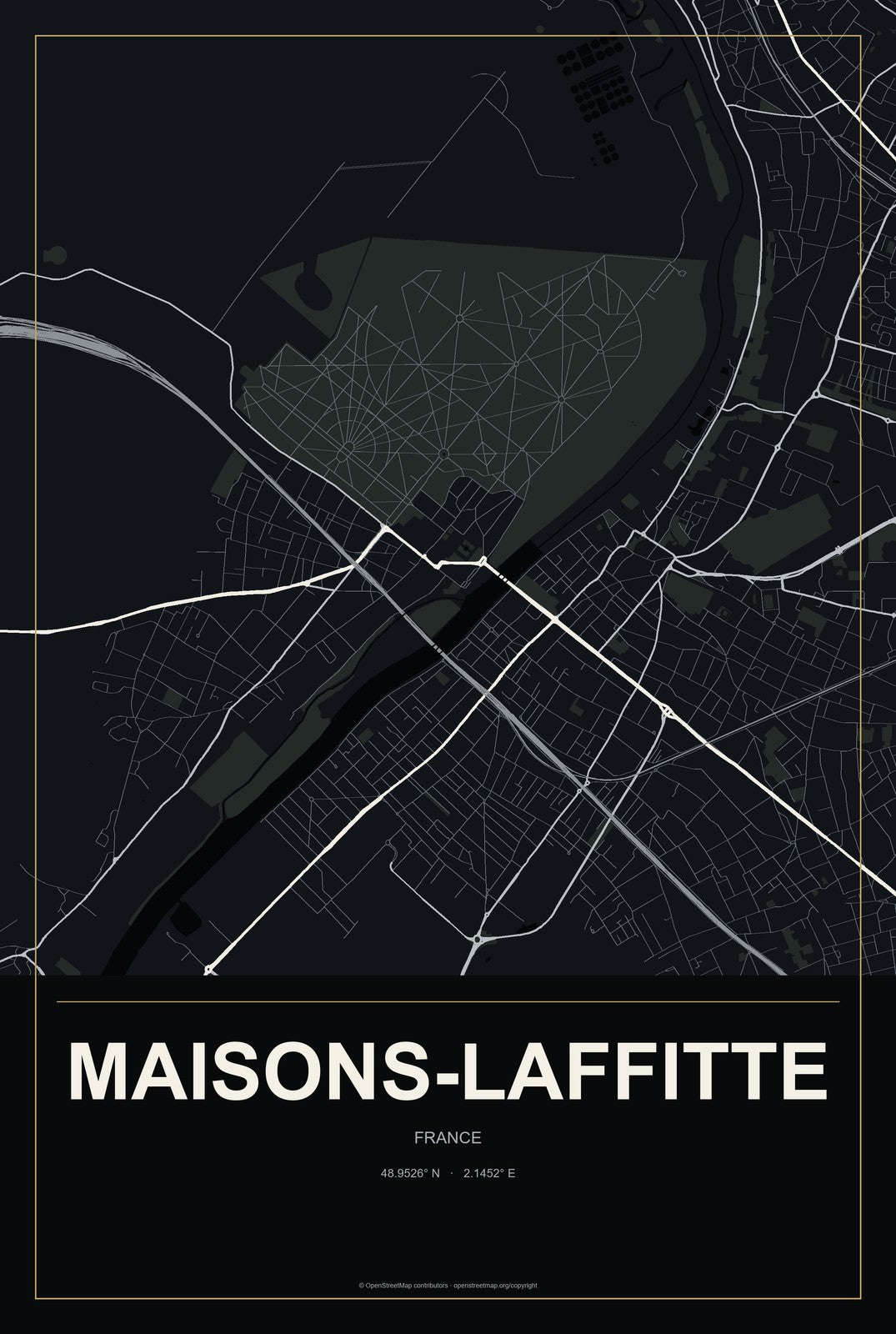 Maisons-Laffitte, France City Map Aluminum Sign in Metropolitan Noir style