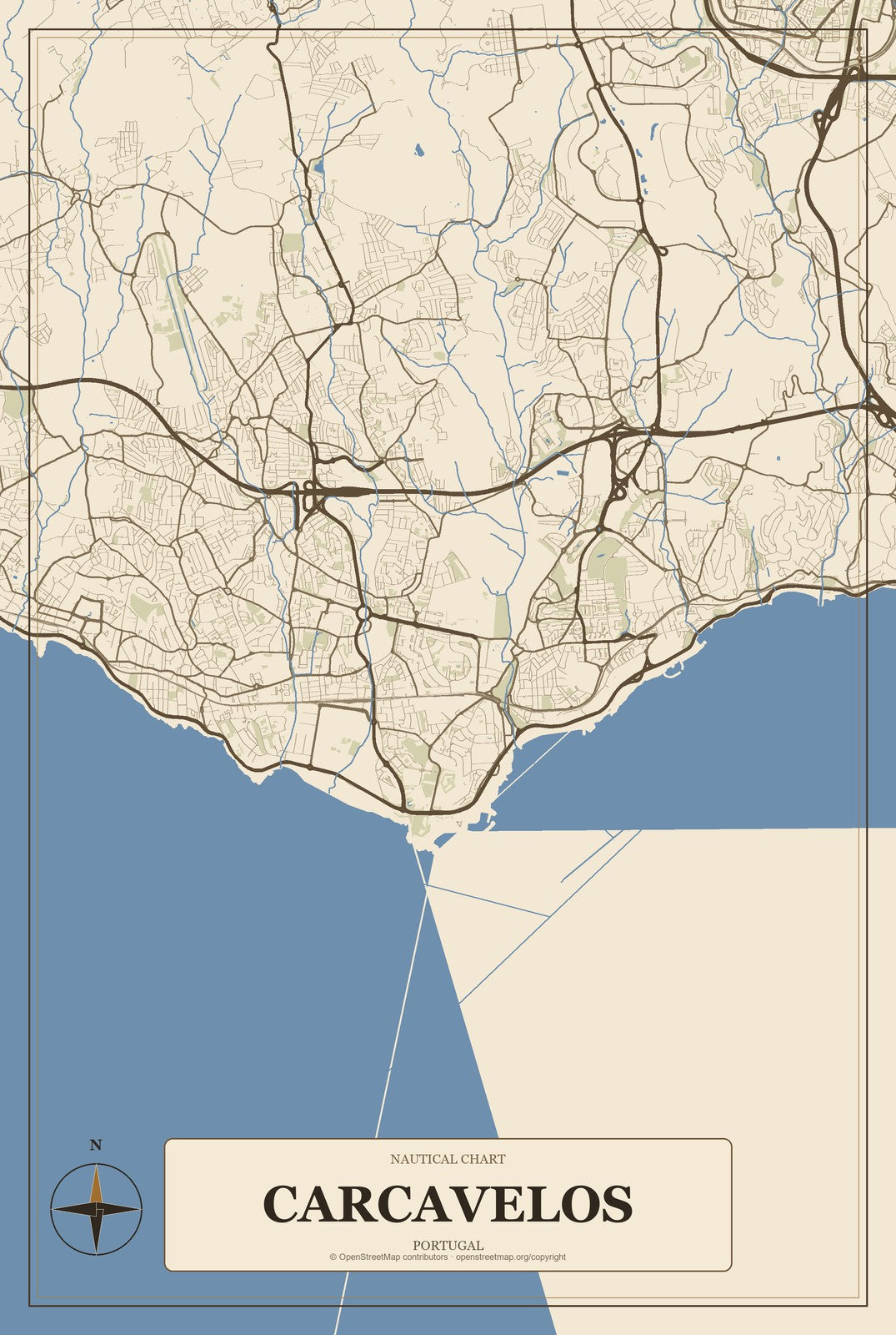 Carcavelos, Portugal City Map Aluminum Sign in Heritage Nautical style