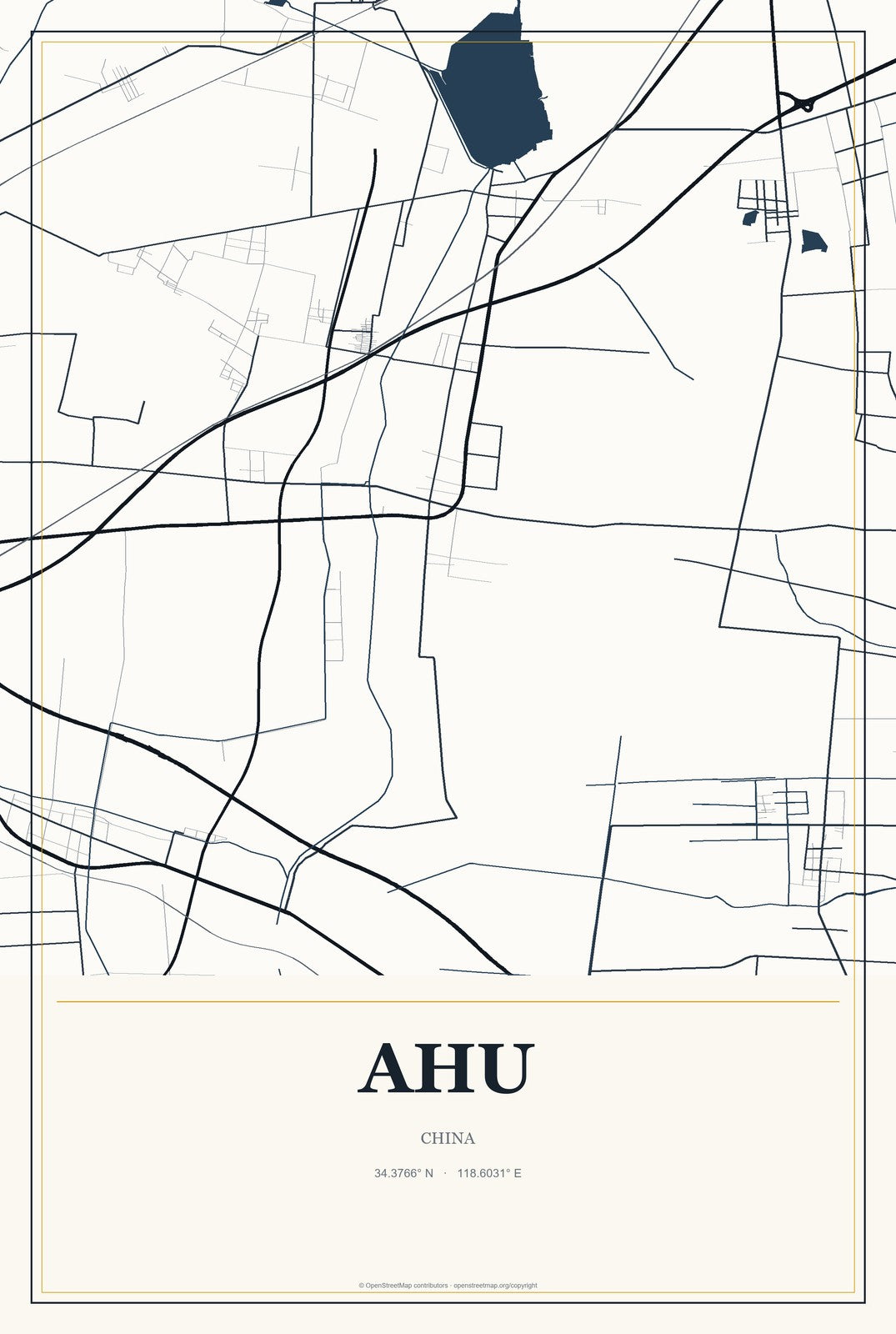 Ahu, China City Map Aluminum Sign in Citrine Modern style