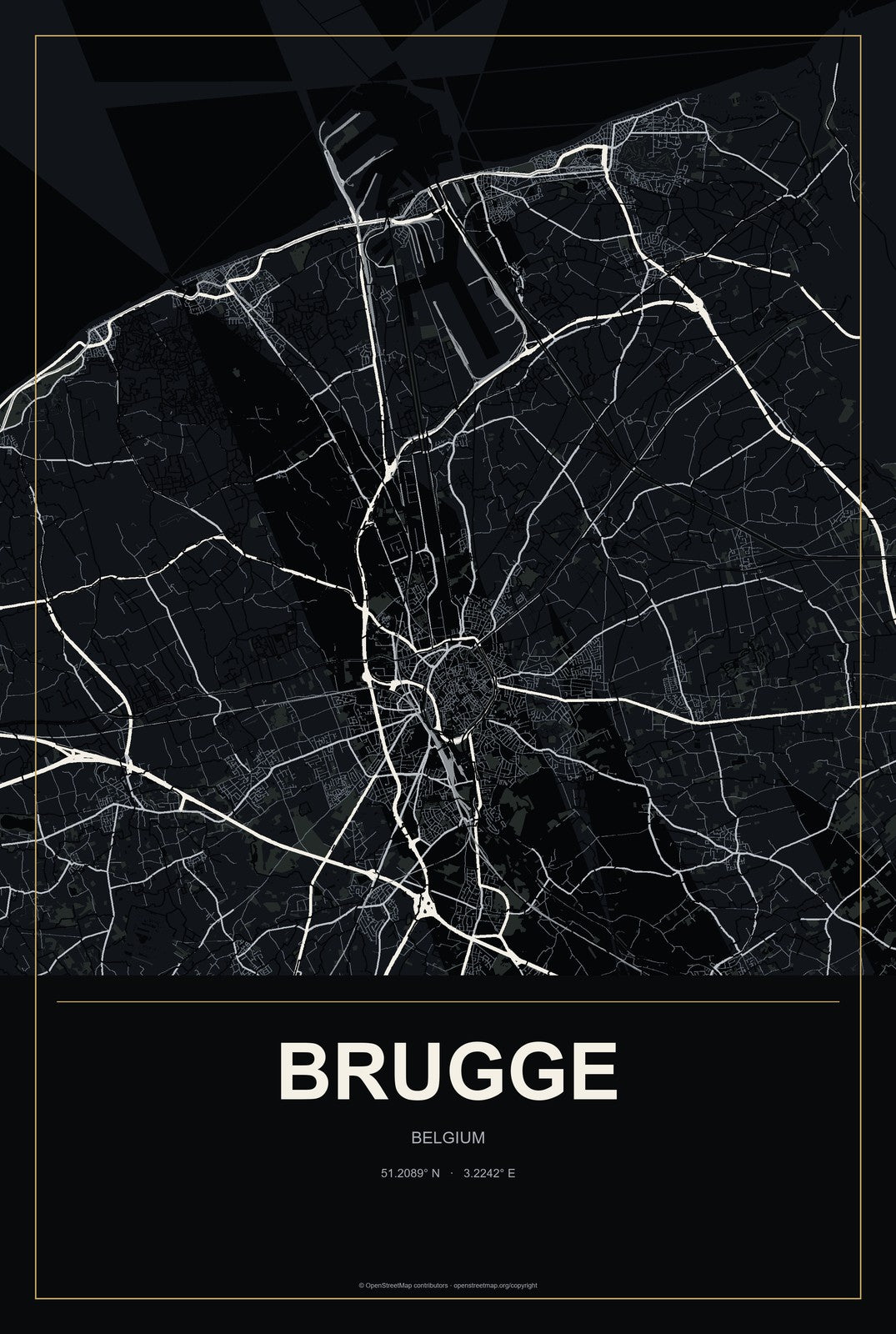 Brugge, Belgium City Map Aluminum Sign in Metropolitan Noir style