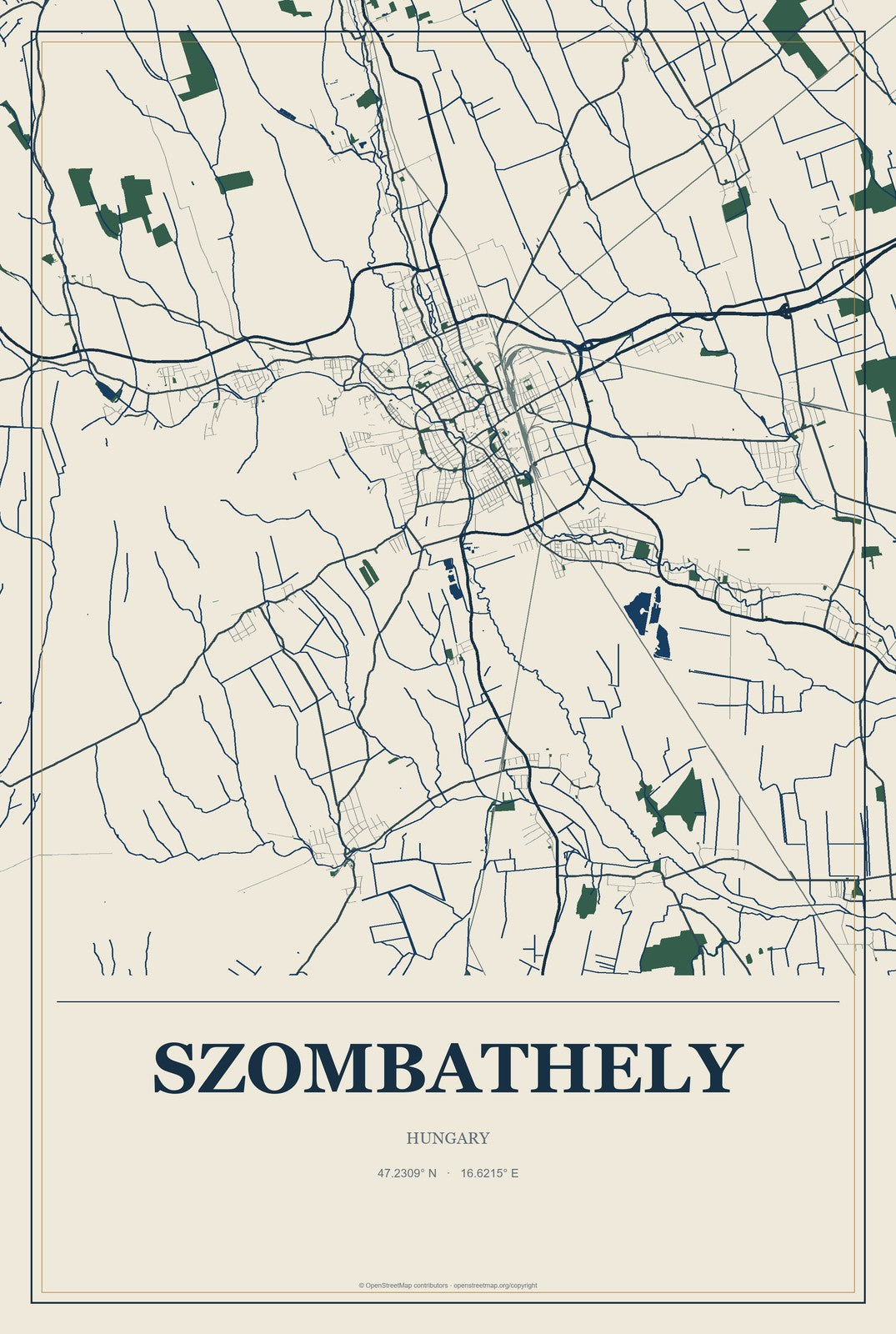 Szombathely, Hungary City Map Aluminum Sign in Coastal Cutout style