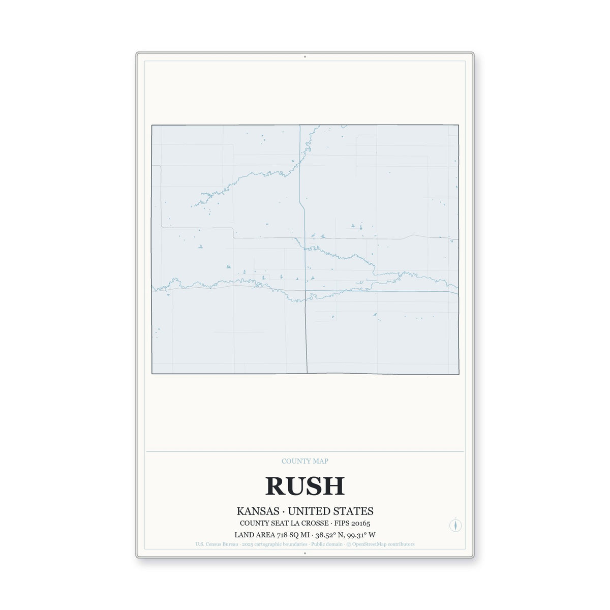 Rush County, Kansas Map Aluminum Sign in Gallery Air style
