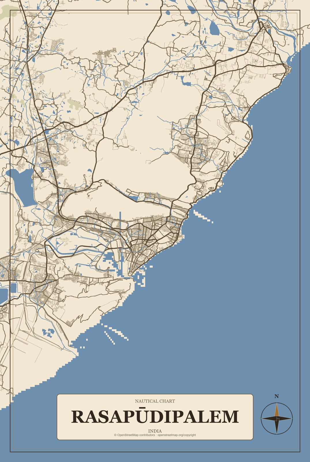 Rasapūdipalem, India City Map Aluminum Sign in Heritage Nautical style