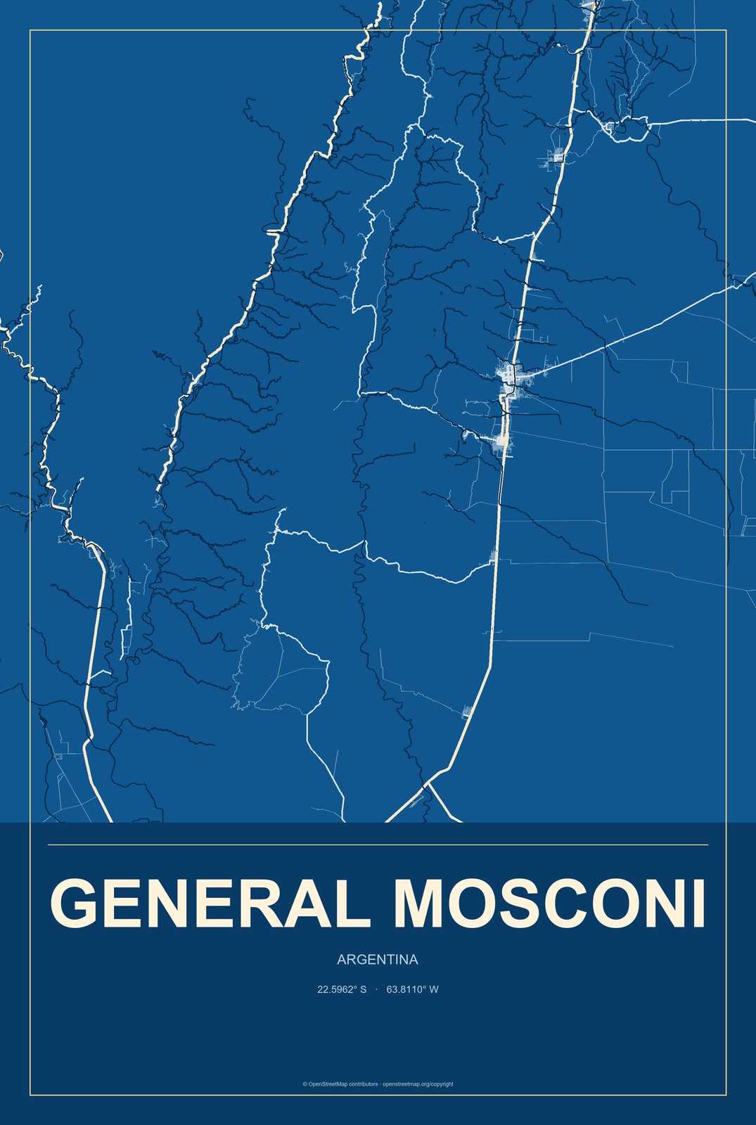 General Mosconi, Argentina City Map Aluminum Sign in Harbor Cobalt style